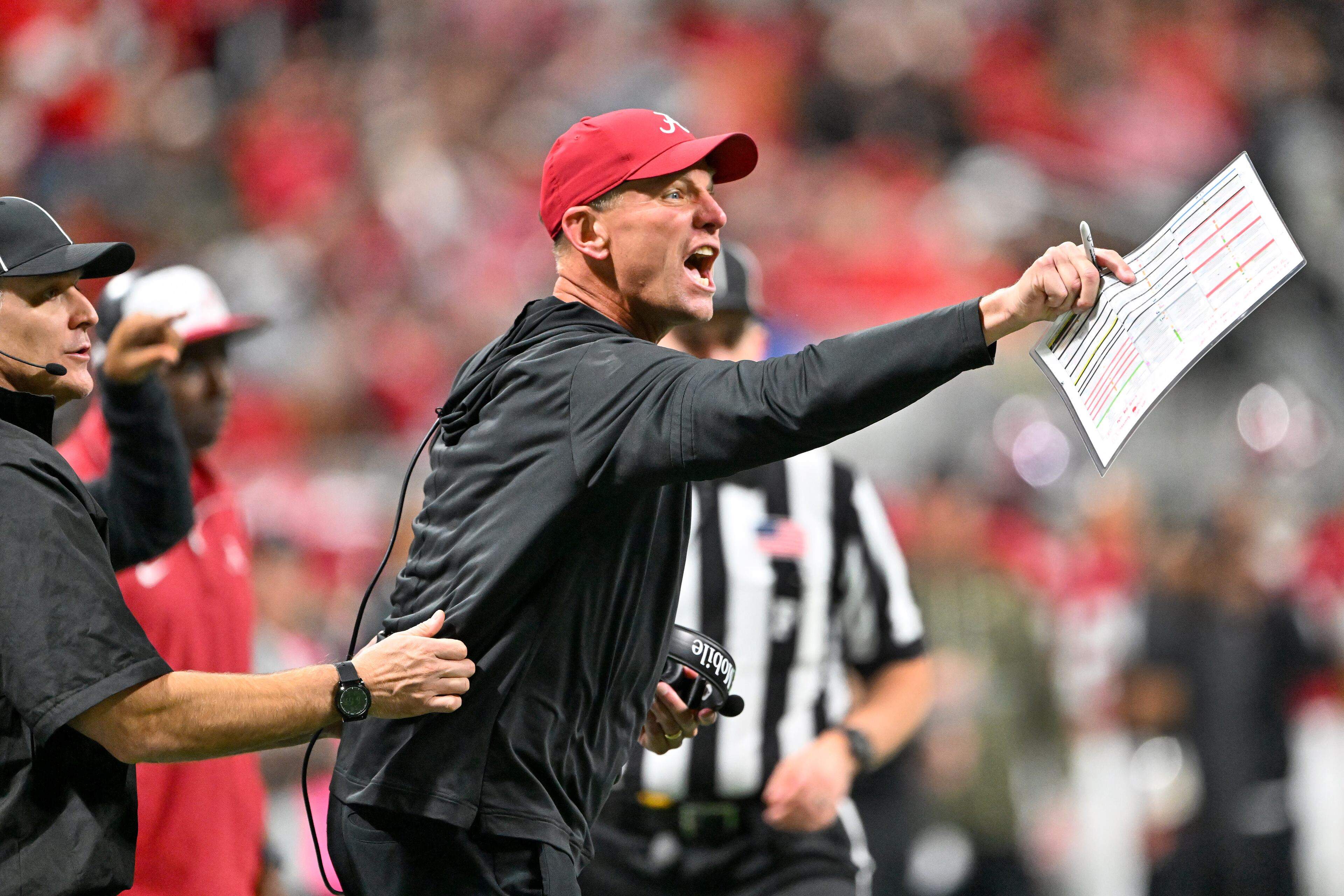 Alabama head coach Kalen DeBoer reacts on the sideline against Georgia during the third quarter of the SEC Championship game at Mercedes-Benz Stadium, Saturday, Dec. 6, 2025, in Atlanta. (Hyosub Shin / AJC)