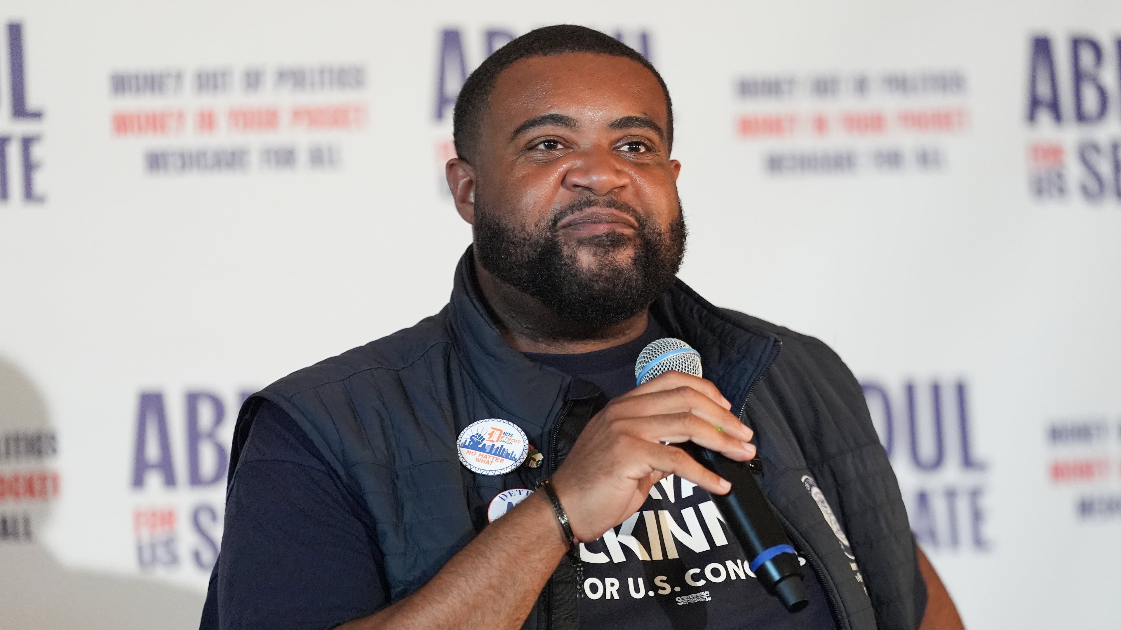 Michigan state Rep. Donavan McKinney, Democratic candidate for U.S. House of Representatives in Michigan's 13th District, speaks at a campaign rally for Abdul El-Sayed, a progressive candidate in the Democratic primary for U.S. Senate in Michigan, Monday, Aug. 3, 2026, in Detroit. (AP Photo/Julia Demaree Nikhinson)