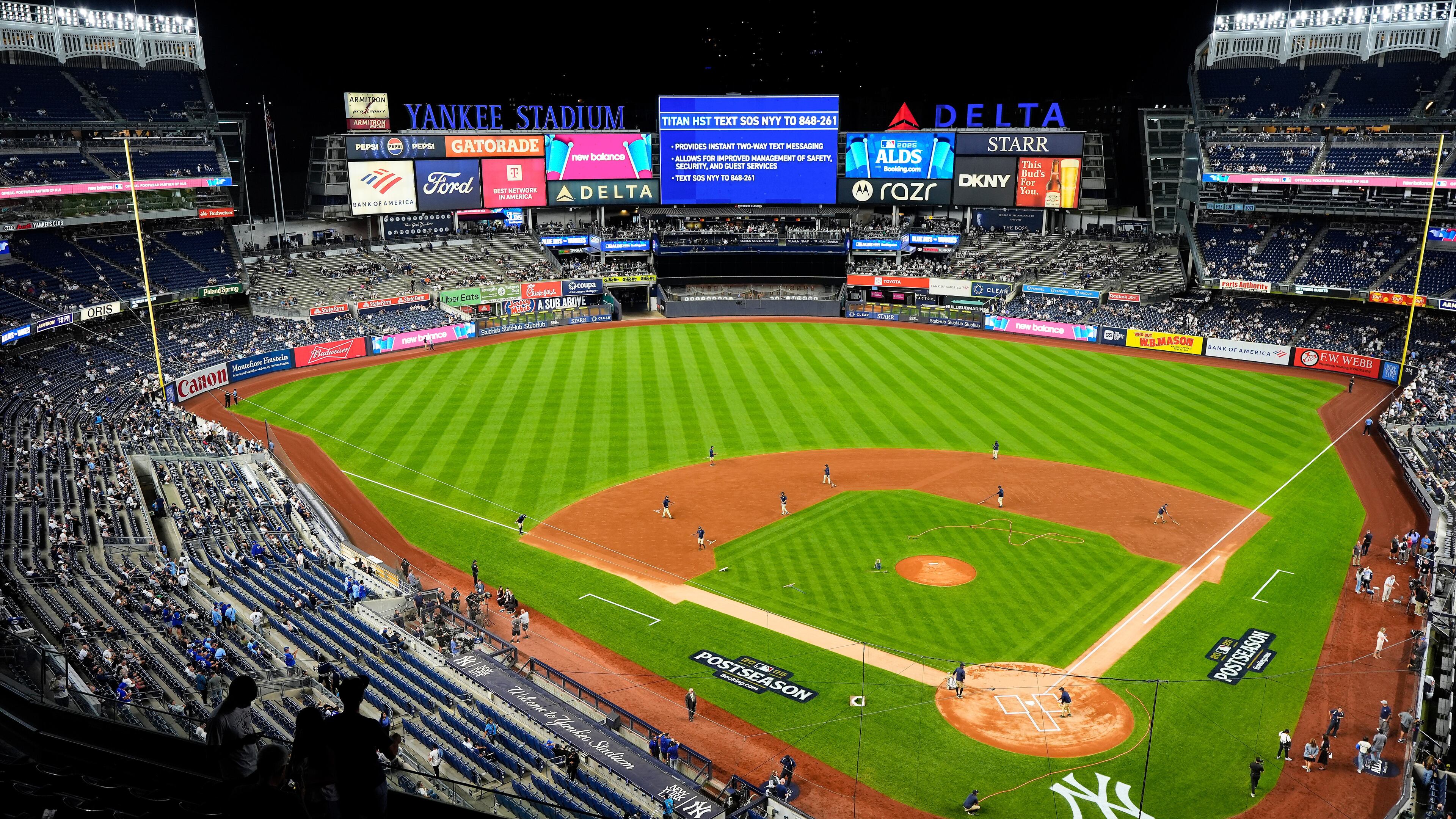 FILE - The grounds crew grooms the field before Game 3 of baseball's American League Division Series between the New York Yankees and the Toronto Blue Jays, Tuesday, Oct. 7, 2025, in New York. (AP Photo/Yuki Iwamura, File)