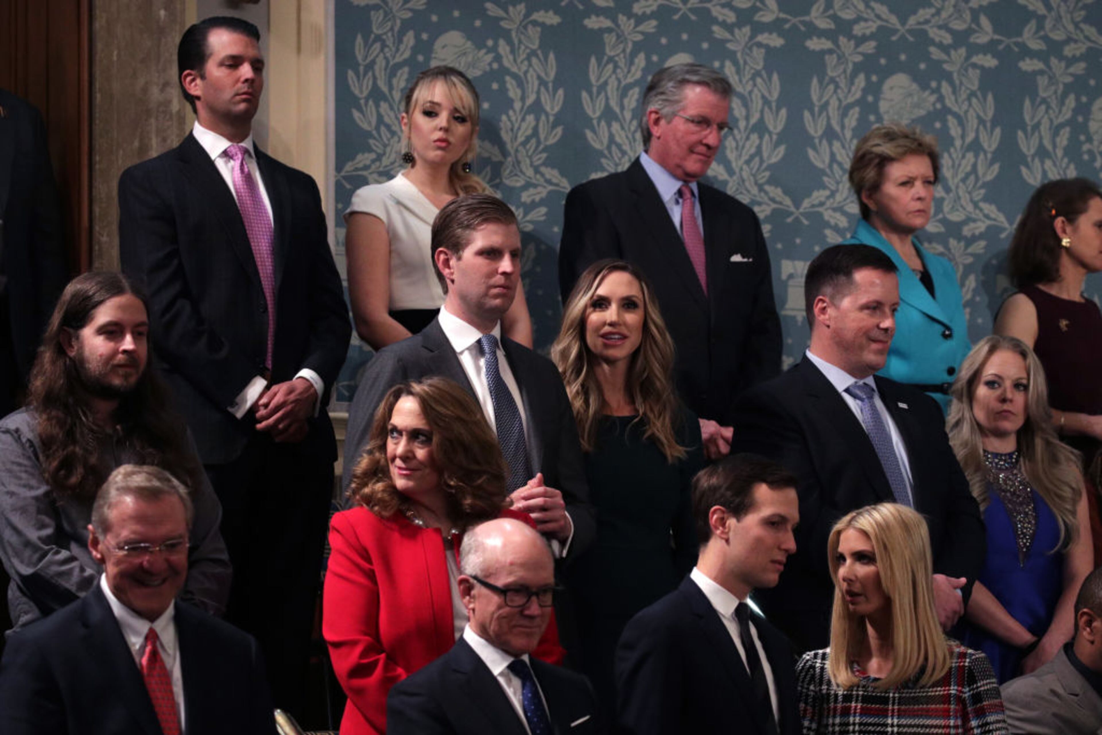WASHINGTON, DC - JANUARY 30: (L-R) Donald Trump Jr., Tiffany Trump, Eric Trump, Lara Trump, Jared Kusner and Ivanka Trump attend the State of the Union address in the chamber of the U.S. House of Representatives January 30, 2018 in Washington, DC. This is the first State of the Union address given by U.S. President Donald Trump and his second joint-session address to Congress. (Photo by Alex Wong/Getty Images)