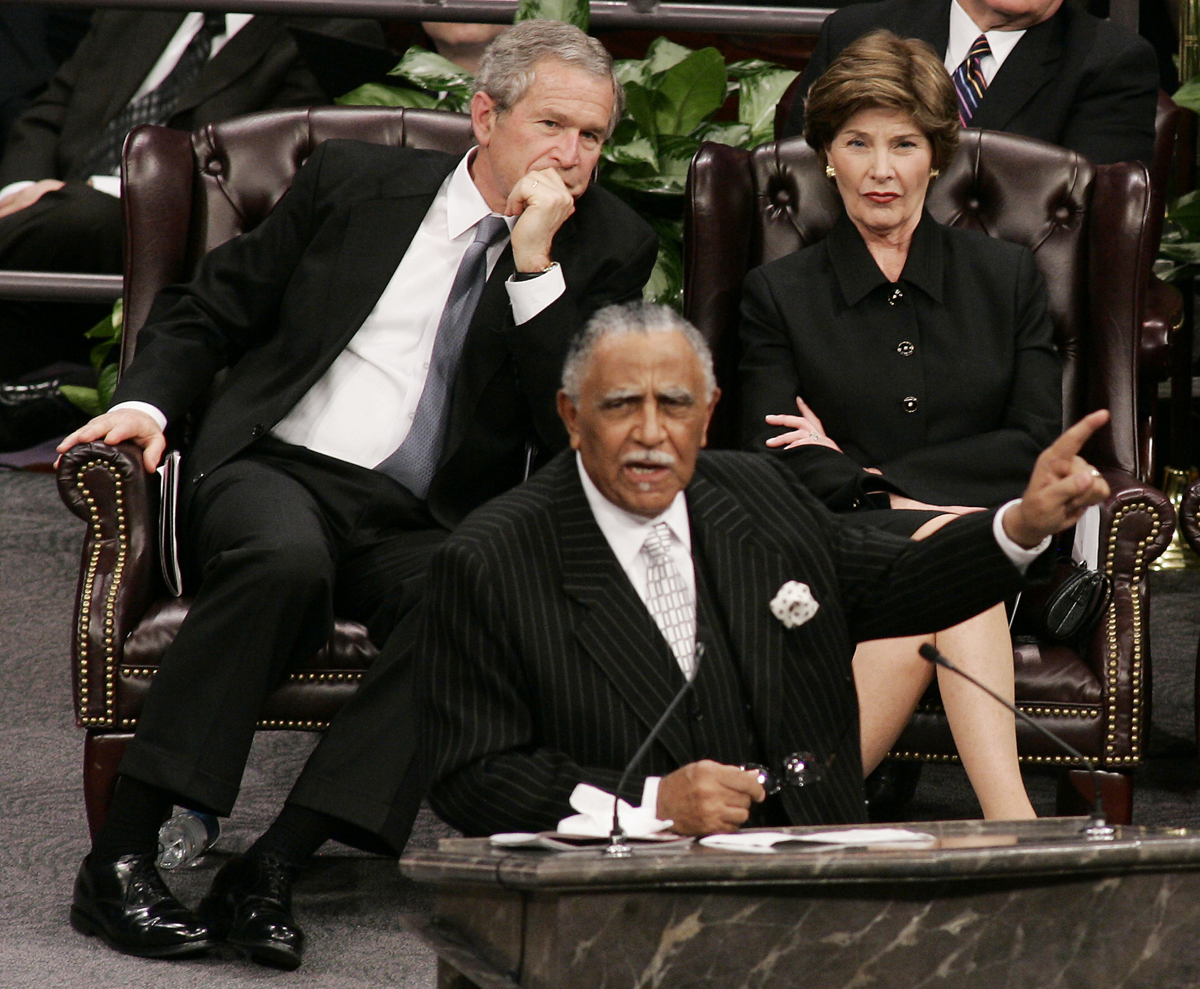 The Rev. Joseph Lowery speaks during the Coretta Scott King funeral ceremony in 2006 as President Bush and his wife Laura look on. (AP Photo/Pool, Jason Reed)