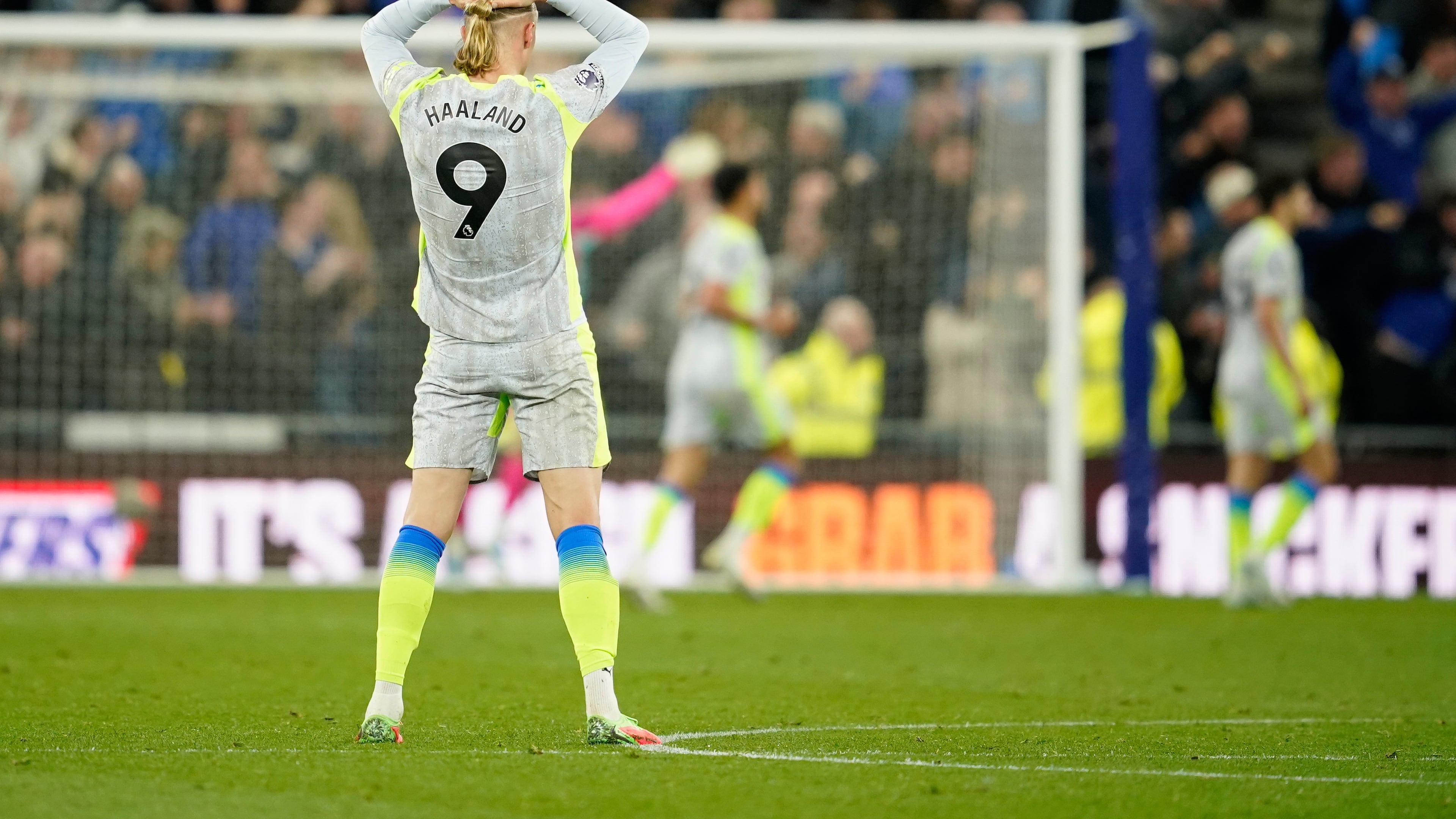 Manchester City's Erling Haaland reacts after Everton scored during the Premier League soccer match between Manchester City and Everton in Liverpool, England, Monday, May 4, 2026. (AP Photo/Dave Thompson)