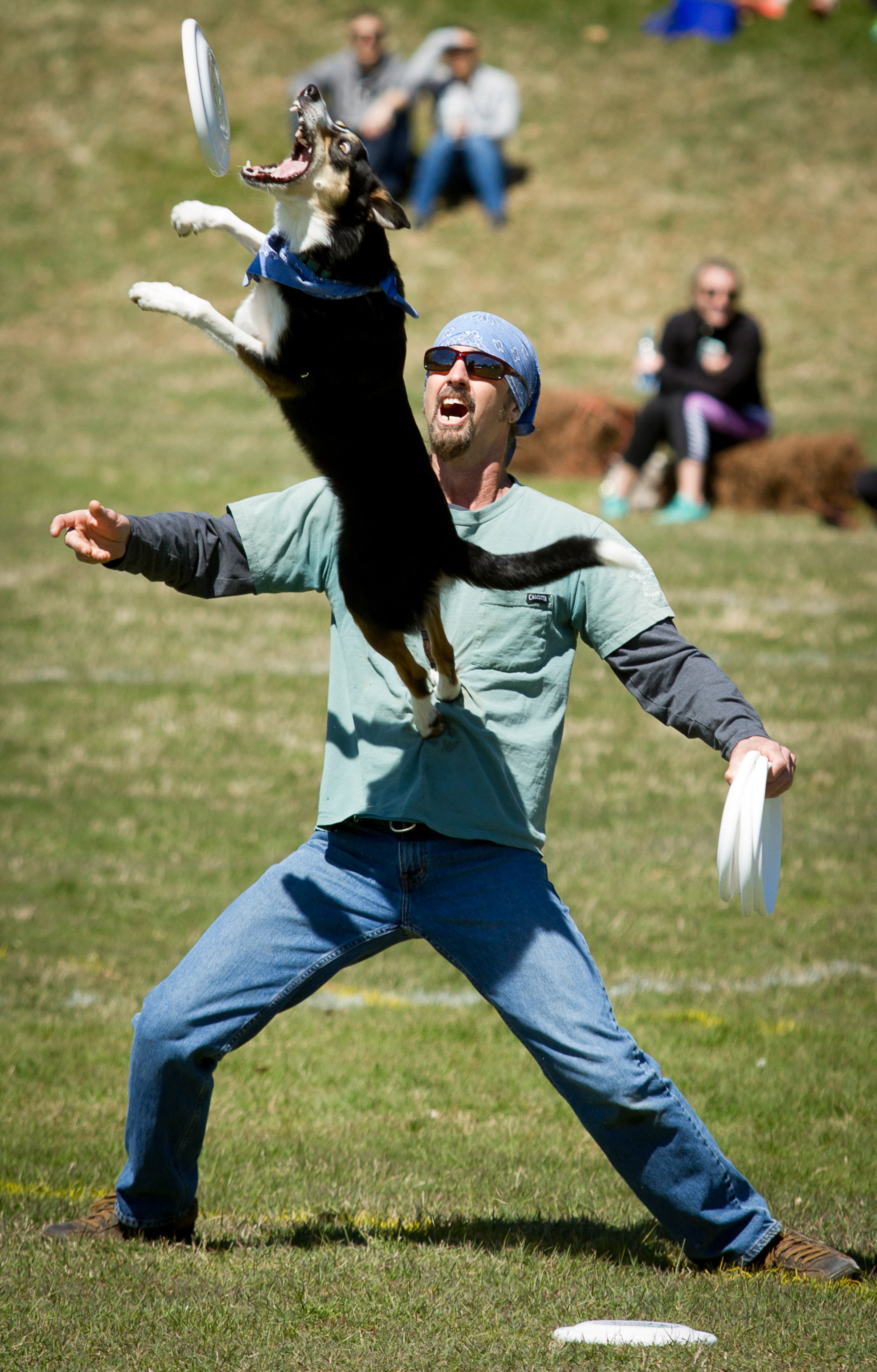 Chris Mashburn tosses his dog Mindy a disk during the Freestyle competition at the 2016 Disc Dog Southern Nationals Qualifier tournament at Piedmont Park in Midtown Saturday April 9, 2016. STEVE SCHAEFER / SPECIAL TO THE AJC