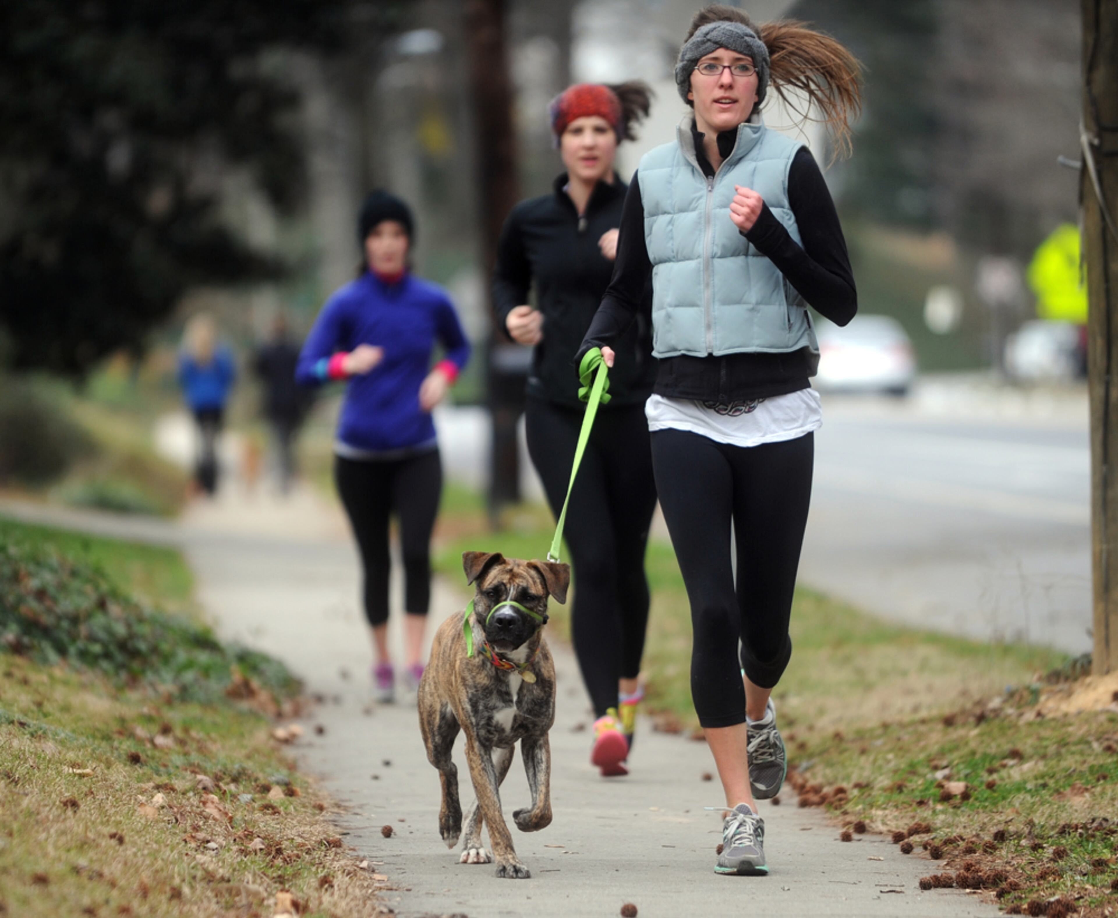 Jan. 27, 2013 Decatur -- (From front to back) Molly Russ and her dog Ayla, Joanna Akin and Mary Wolfe take advantage of the refreshingly brisk weather for a run along West Ponce de Leon Avenue in Decatur Sunday, Jan. 27, 2013. BITA HONARVAR / BHONARVAR@AJC.COM