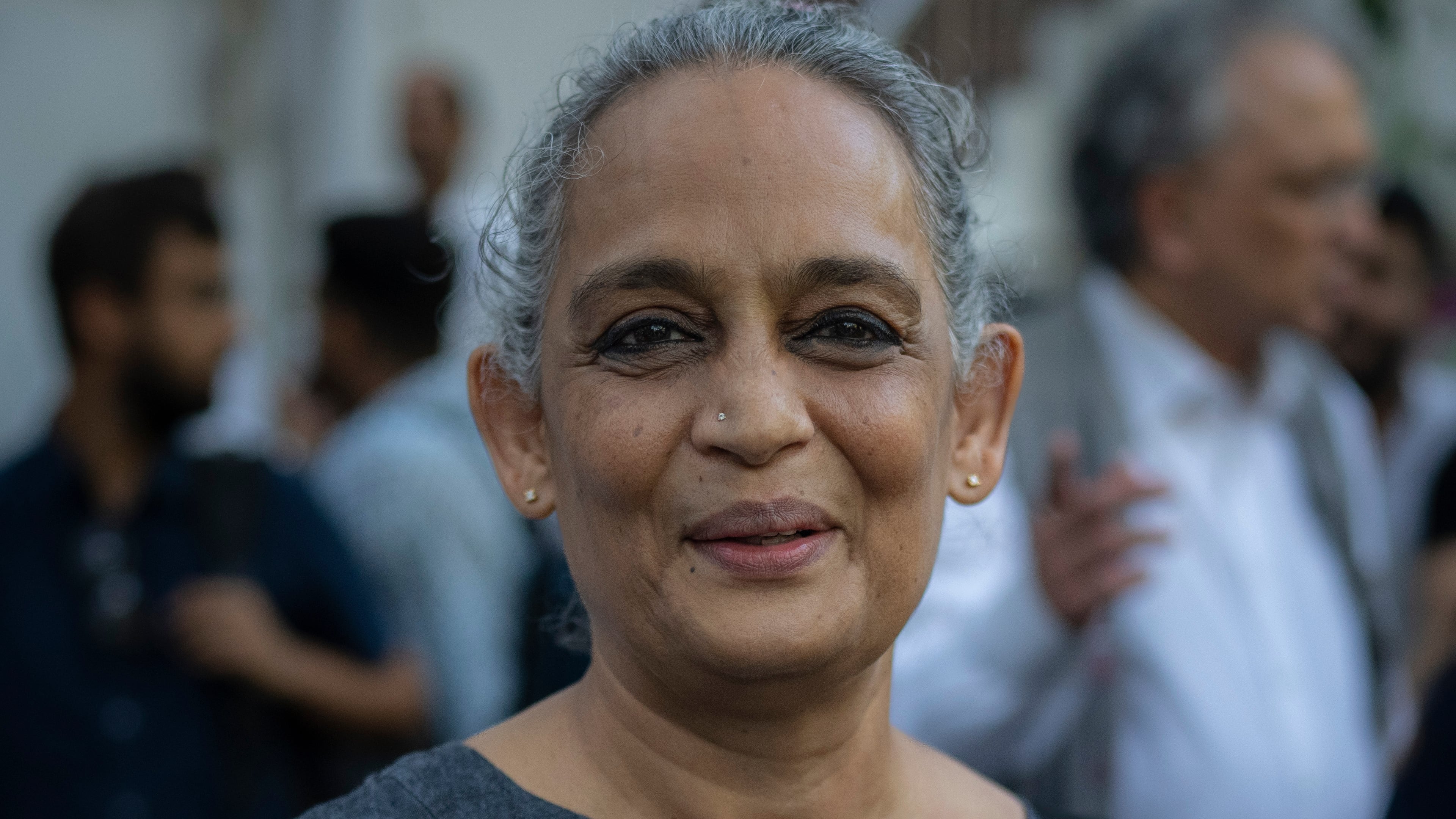 FILE - Writer and activist Arundhati Roy participates in a protest at the press club of India in New Delhi, India, Oct. 4, 2023. (AP Photo/Altaf Qadri, File)