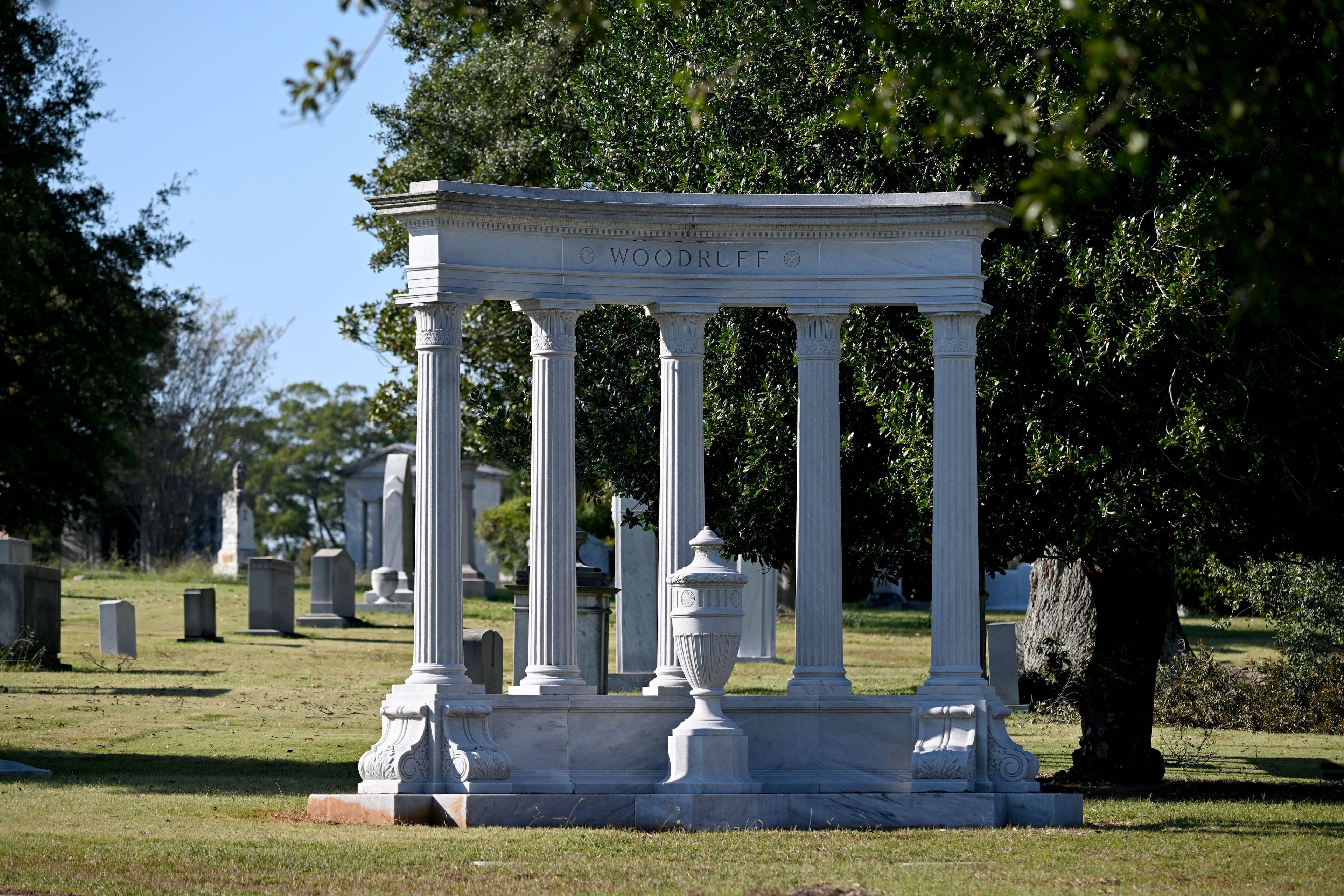 The pillared memorial of Robert W. Woodruff, who ran Coca-Cola Co. for half a century starting in the 1920s, is in Westview Cemetery. (Hyosub Shin/AJC)