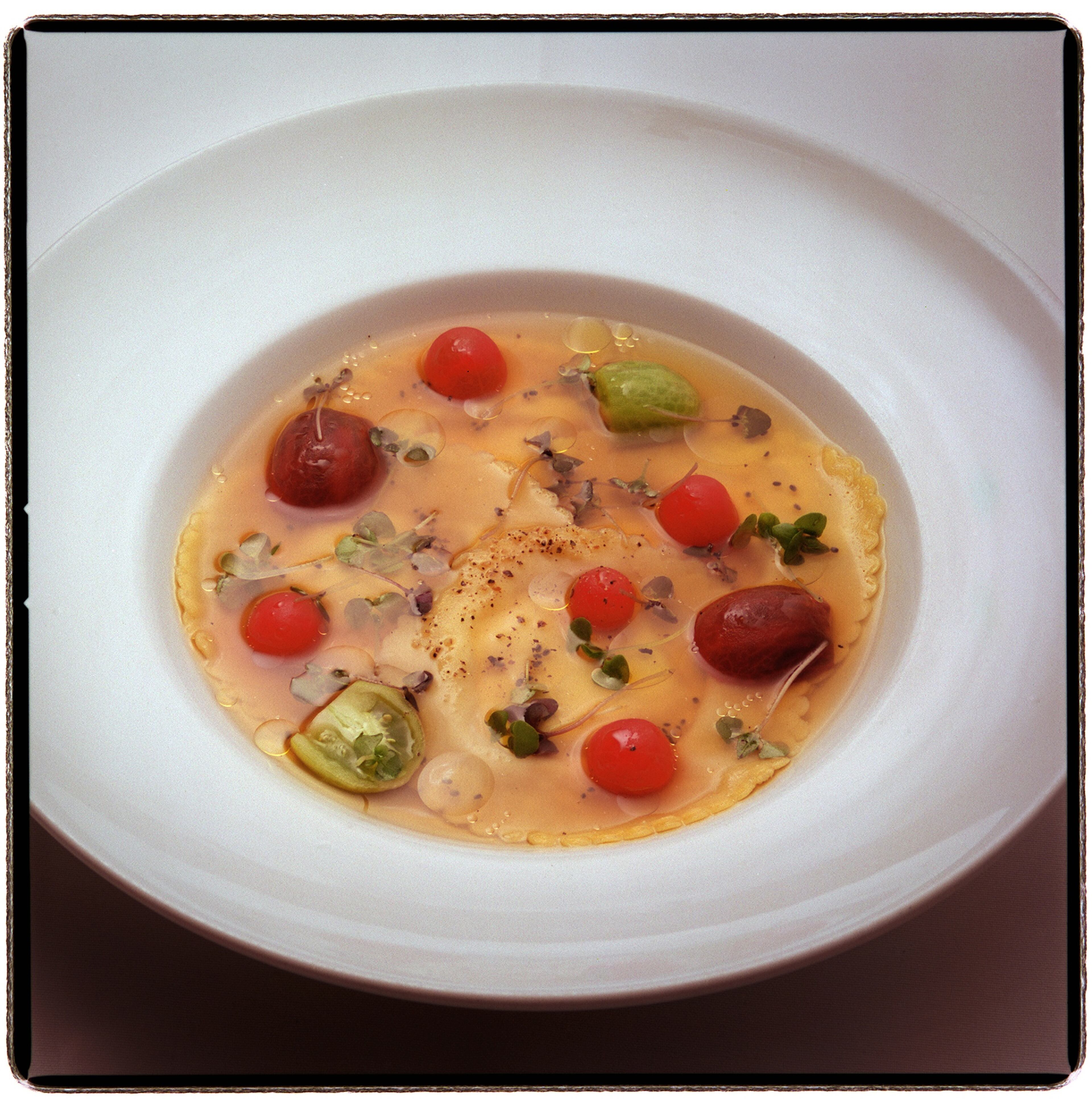 Belle chevre raviolis in tomato consomme from Bacchanalia in West Atlanta in 2000.