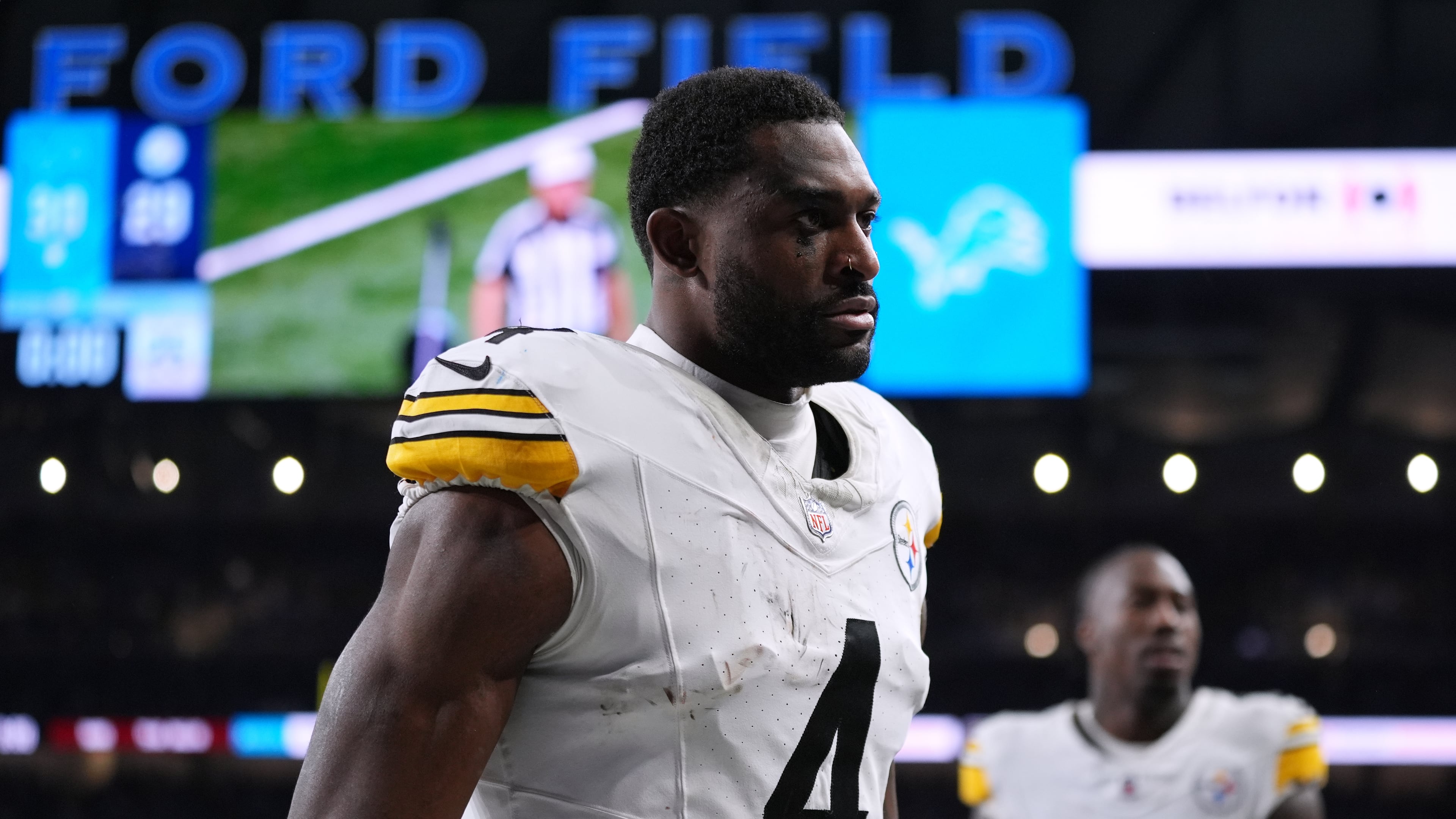 Pittsburgh Steelers' DK Metcalf walks off the field after an NFL football game against the Detroit Lions, Sunday, Dec. 21, 2025, in Detroit. (AP Photo/Ryan Sun)