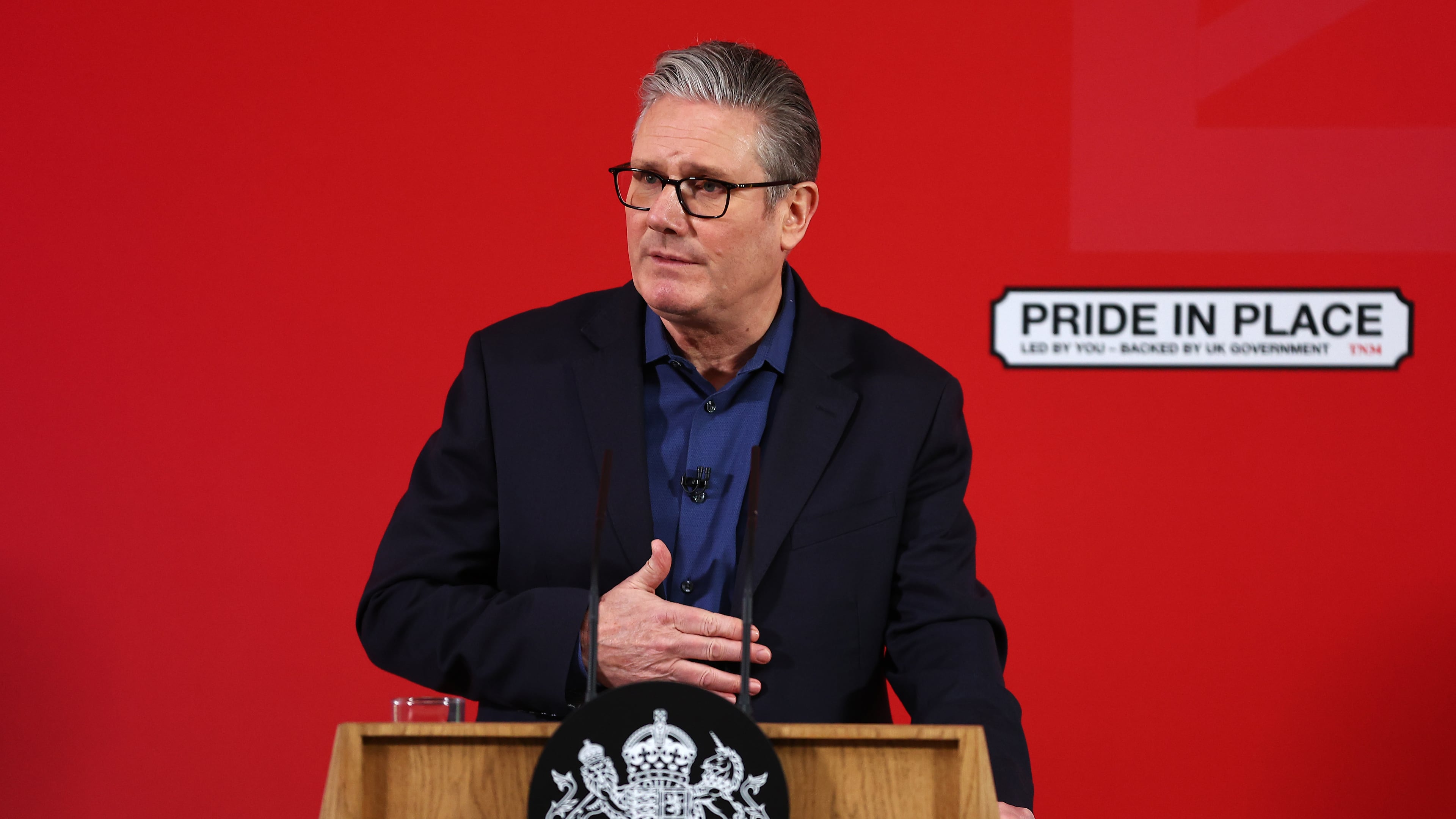 Britain's Prime Minister Keir Starmer delivers a speech at Horntye Park Sports Complex in St Leonards-on-Sea, East Sussex, England, Thursday, Feb. 5, 2026. (Peter Nicholls/Pool Photo via AP)
