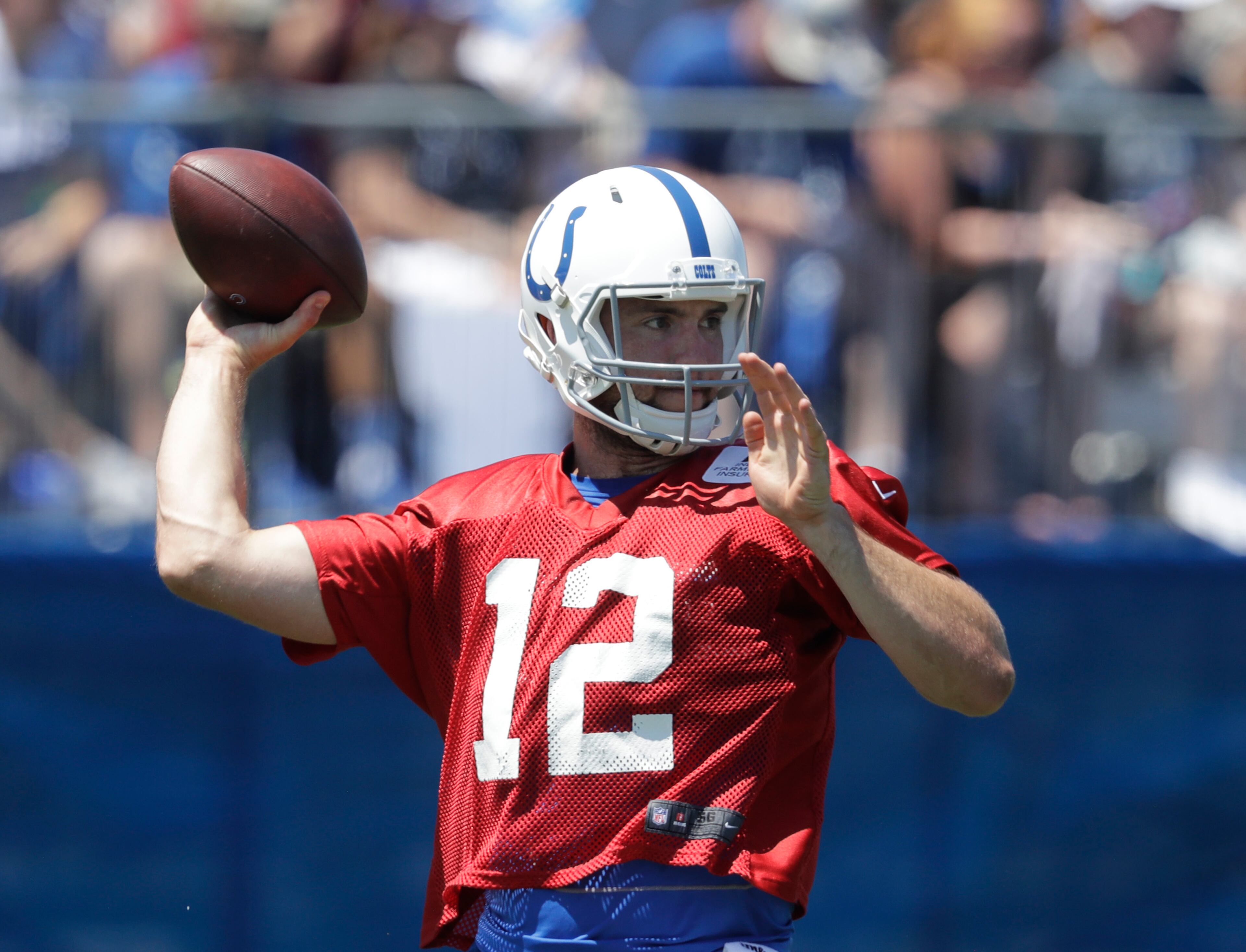 Indianapolis Colts quarterback Andrew Luck throws during an NFL football training camp, Wednesday, July 27, 2016, in Anderson, Ind. (AP Photo/Darron Cummings)