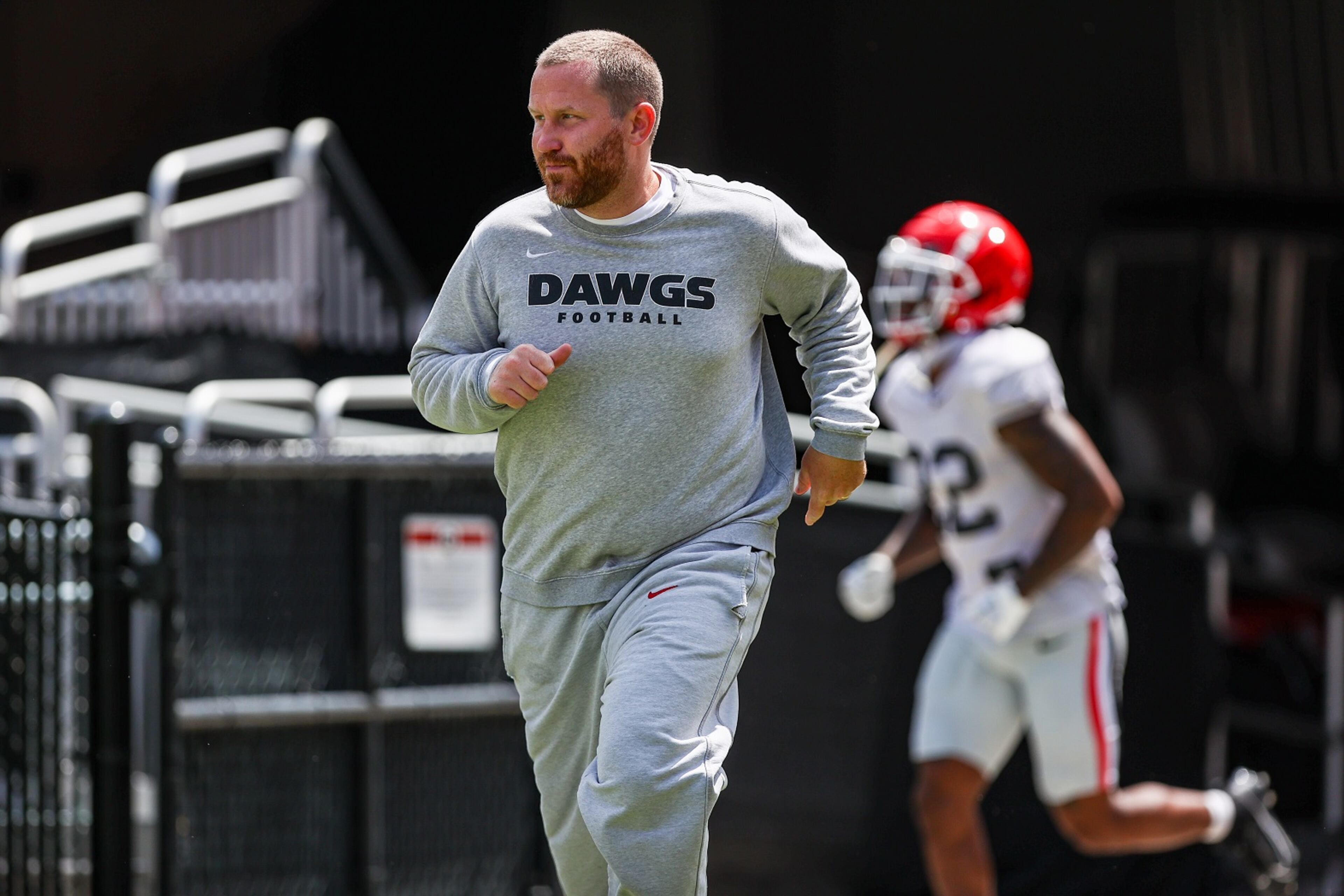 Co-defensive coordinator Glenn Schumann during Georgia’s scrimmage. (Tony Walsh/UGAAA)