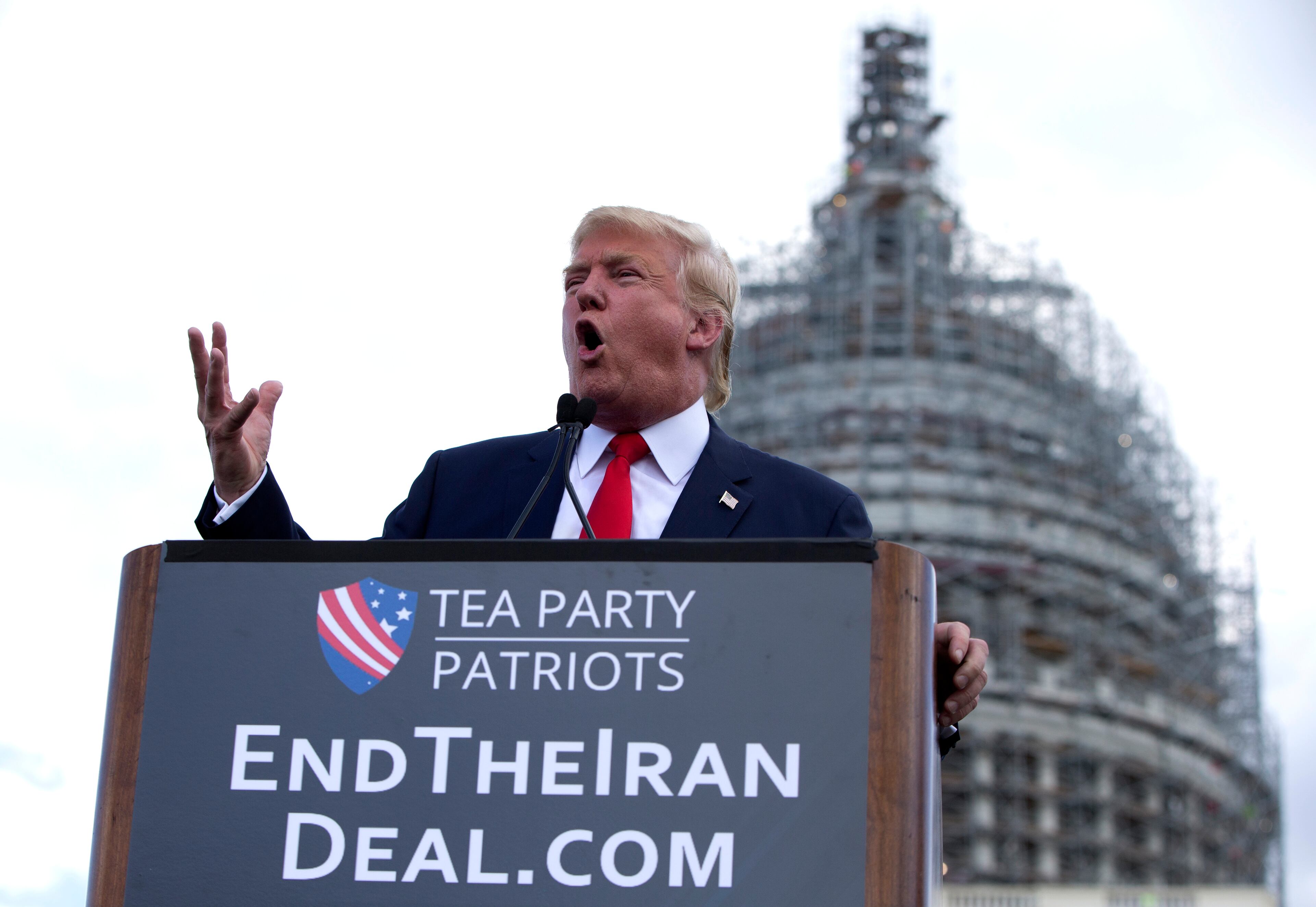 Republican presidential candidate Donald Trump speaks at a rally organized by Tea Party Patriots in on Capitol Hill in Washington, Wednesday, Sept. 9, 2015, to oppose the Iran nuclear agreement. (AP Photo/Carolyn Kaster)