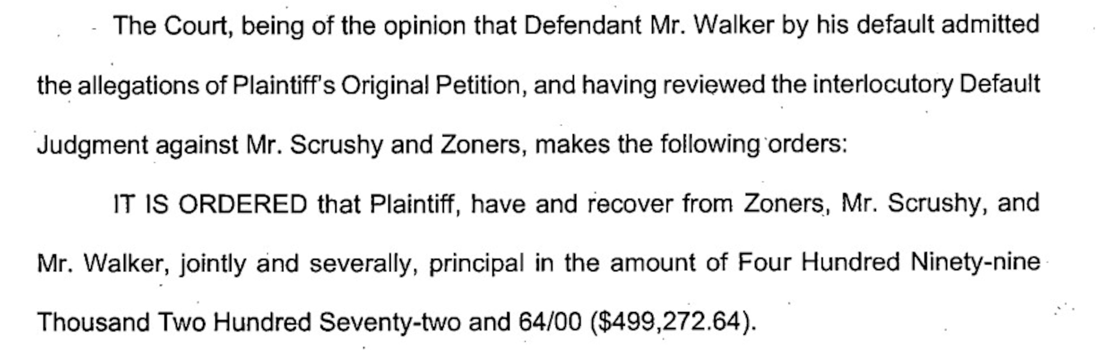 A defaulted judgement against Herschel Walker and business partner Brandon Scrushy on Dec. 28, 2020, in Dallas County Court.