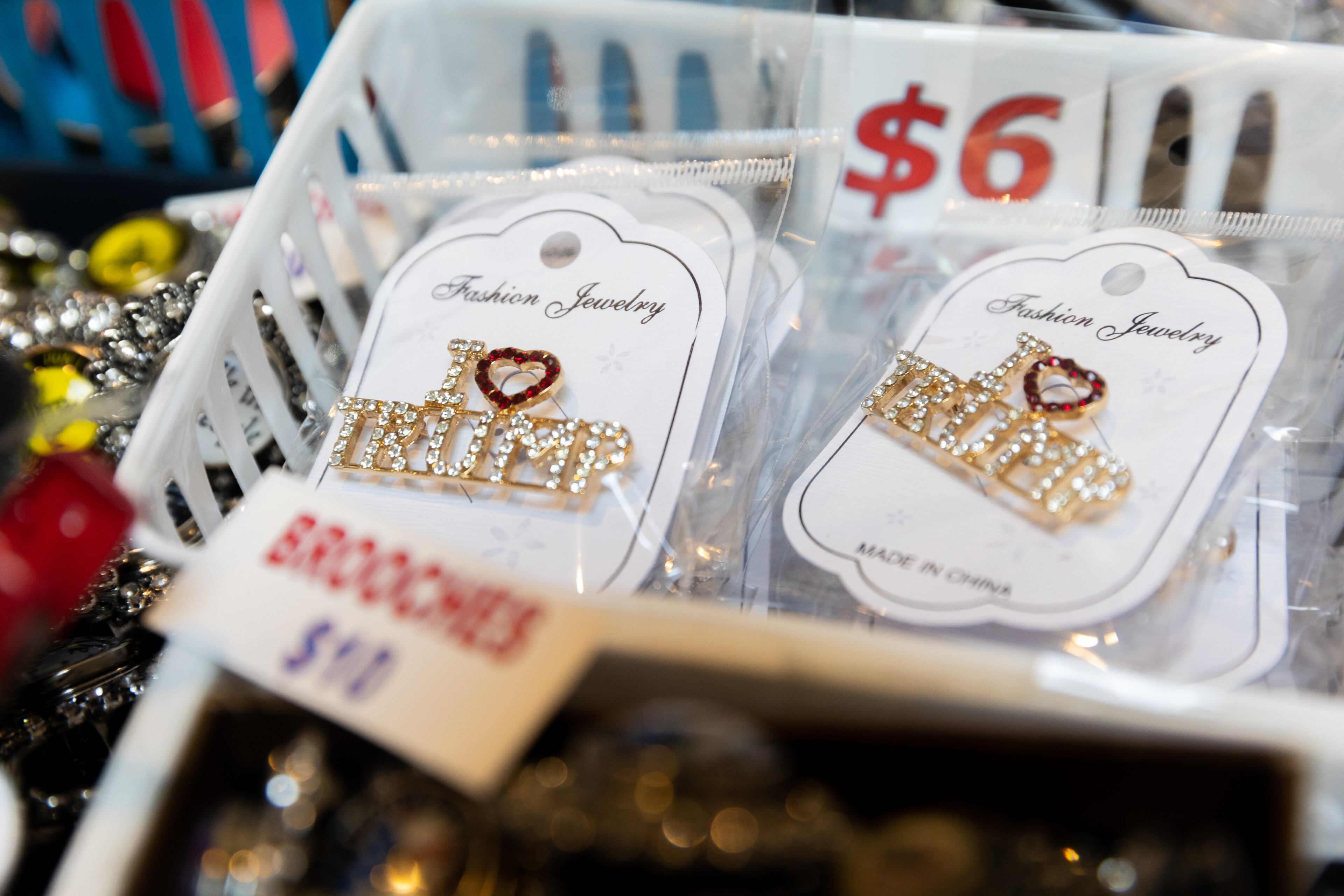 Merchandise, including "I (Heart) Trump" jewelry, is seen at the Georgia GOP convention at Jekyll Island on Saturday, June 5, 2021. (Photo: Nathan Posner for The Atlanta-Journal-Constitution)