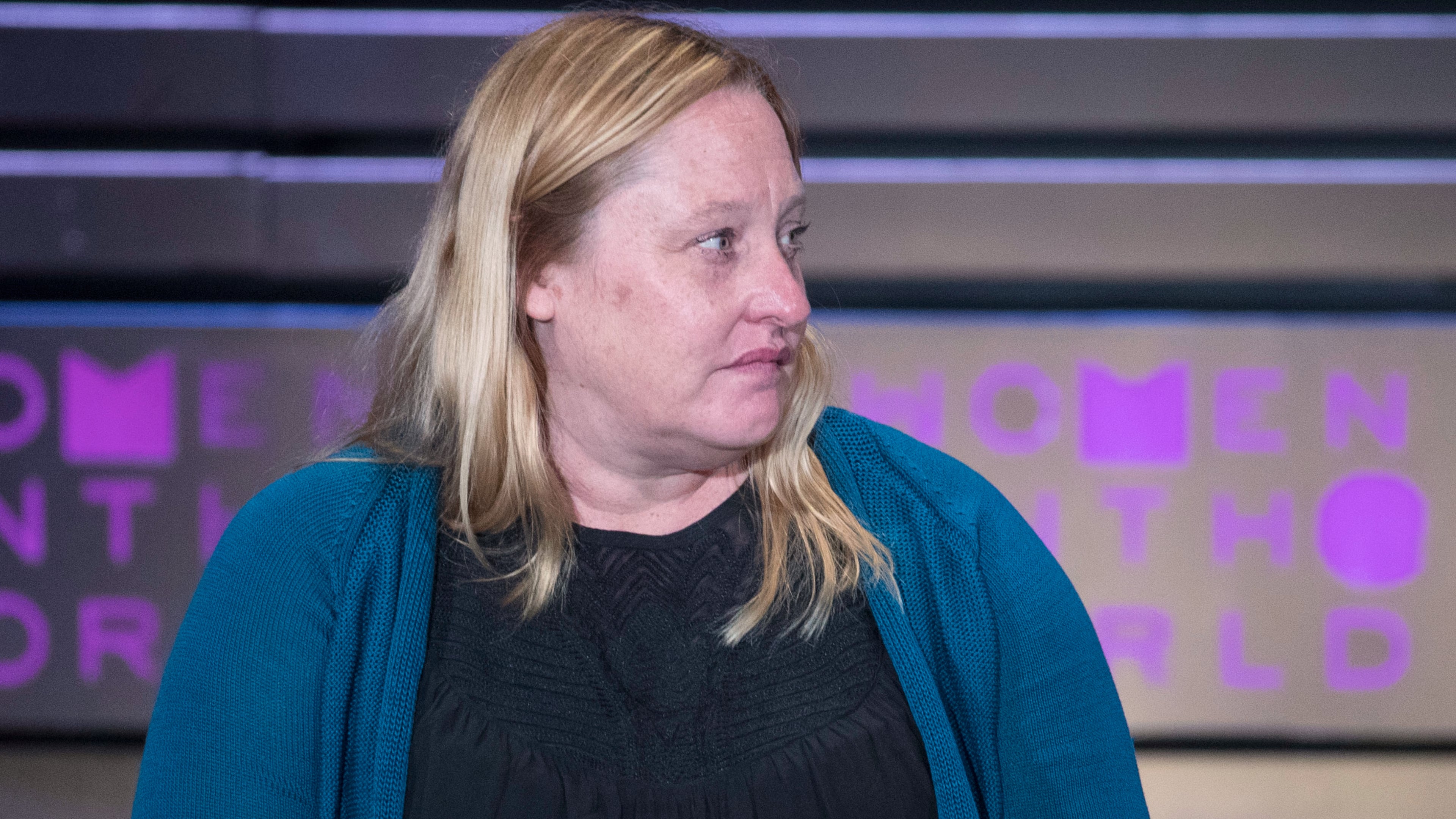 FILE - Heidi Beirich, of the Southern Poverty Law Center, speaks during the Women in the World Summit at Lincoln Center in New York, April 6, 2017. (AP Photo/Mary Altaffer, File)