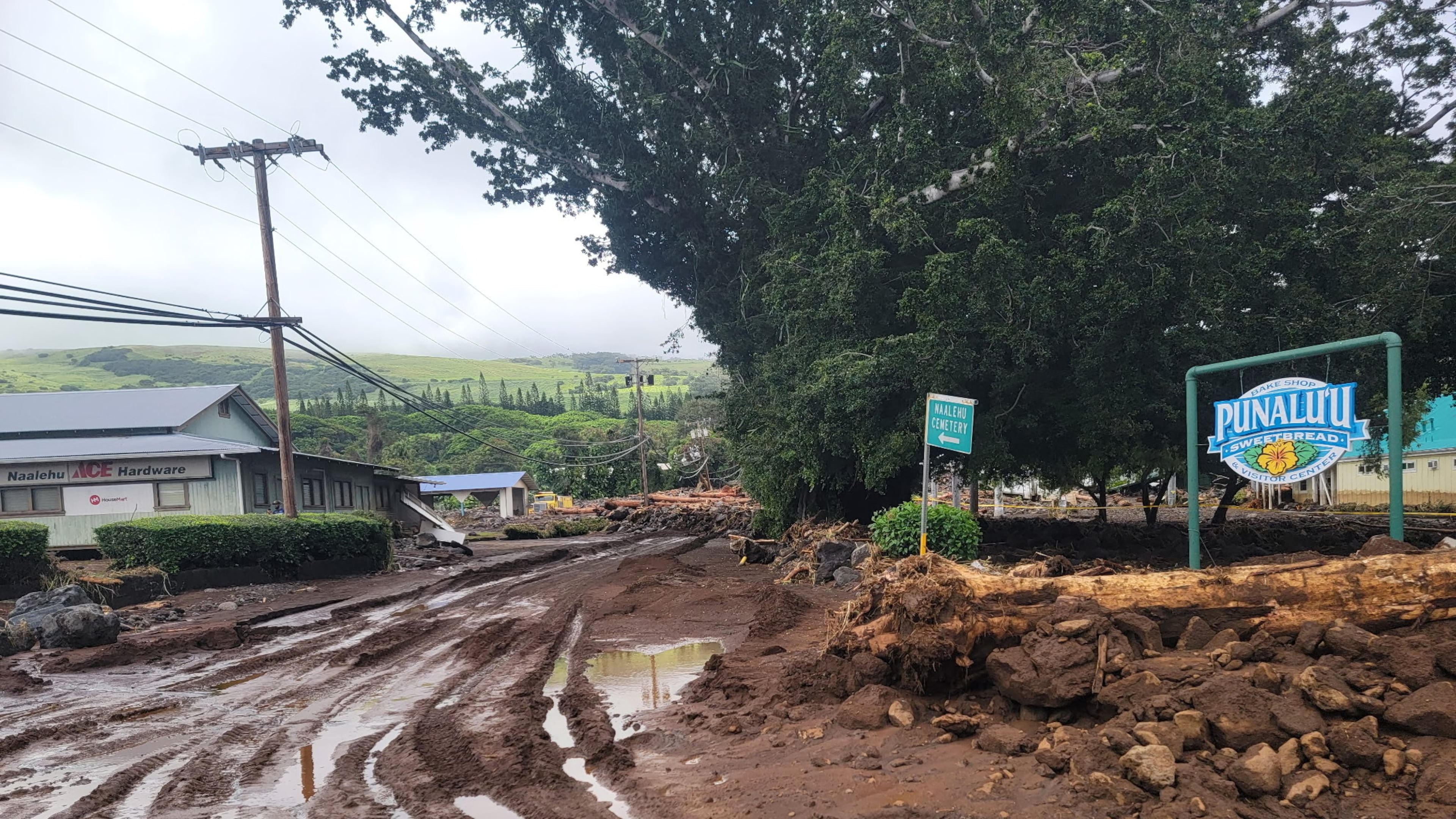 A roadway is washed out by mud on Monday, Aug. 17, 2026, in Naalehu, Hawaii, following heavy rains from Hurricane Lala. (Aina Akamu via AP)
