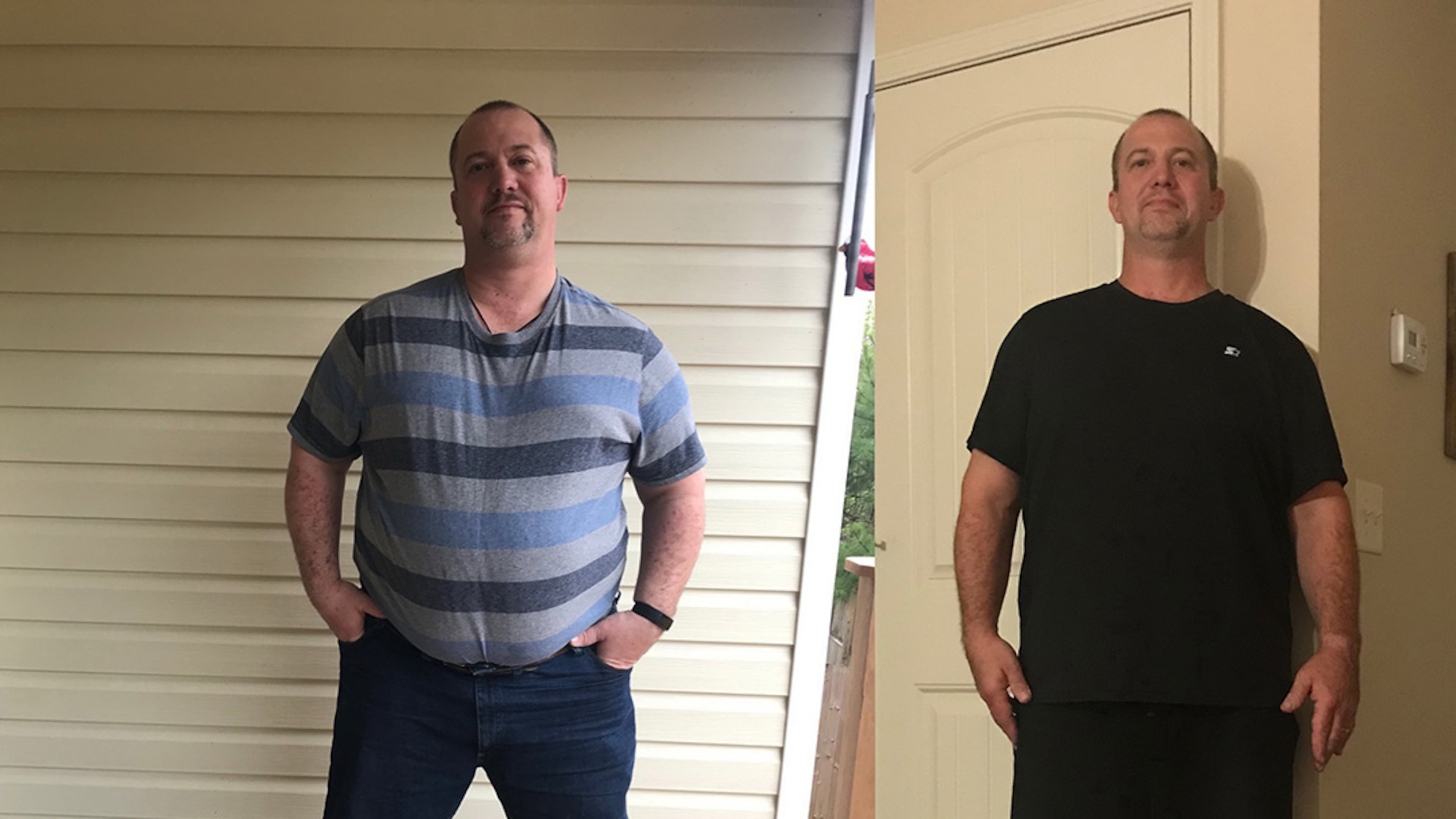 In the photo on the left, taken in March, Mark Nichols weighed 405 pounds. In the photo on the right, taken in September, he weighed 265 pounds. (Photos contributed by Mark Nichols)