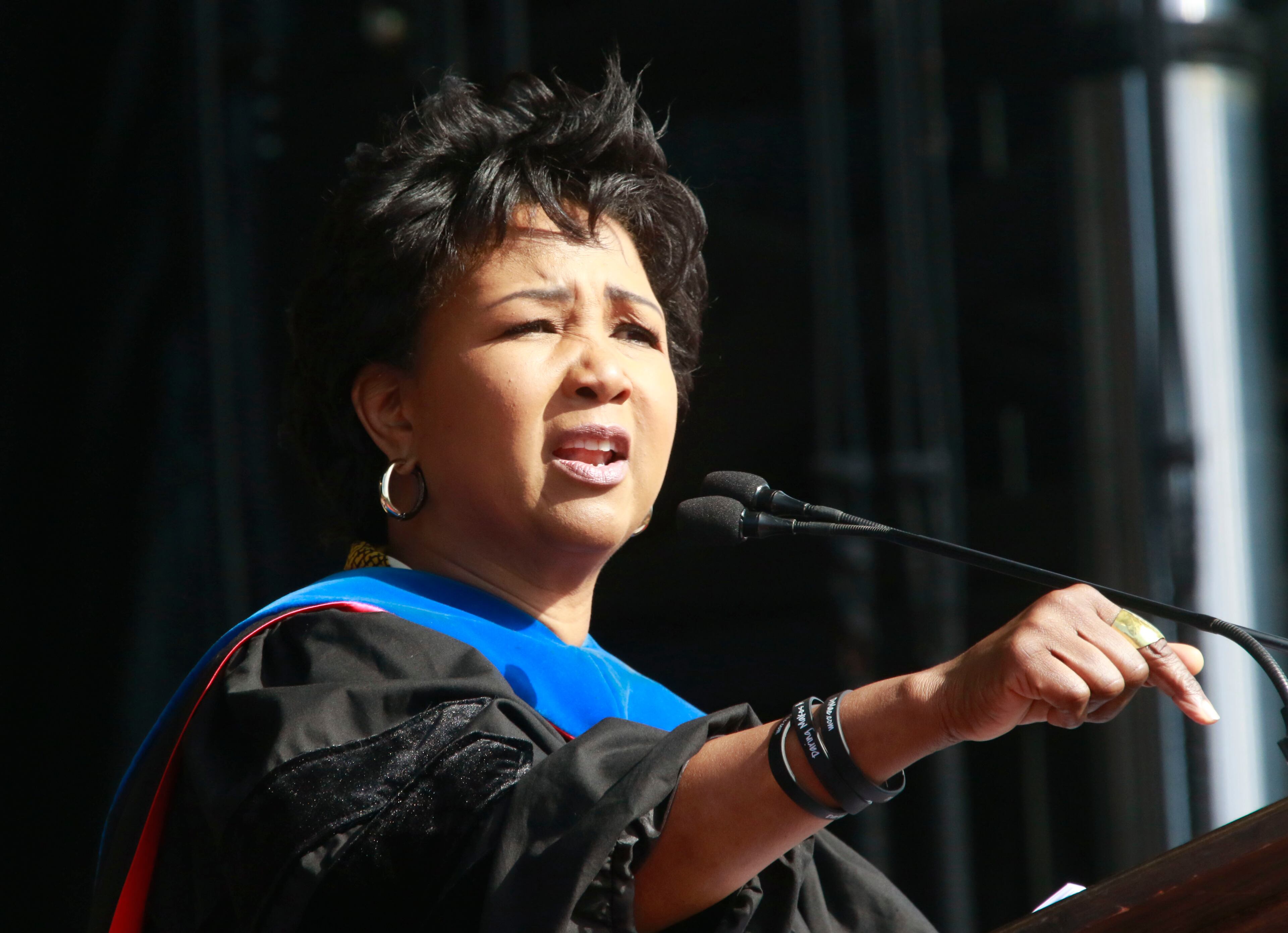 May 16, 2016 - Atlanta - Mae Jemison, the first woman of color in Space, delivers the keynote address. Clark Atlanta University class of 2016 filled Panther Stadium Monday morning for it's 27th annual Commencement Service. The keynote speaker was retired astronaut Mae Jemison, the first woman of color in Space. Honorary degrees were awarded to Hamilton Bohannon, a 1964 graduate of Clark College; Roland Carter; Congressman John Conyers, and Congressman Hank Johnson, a 1976 Clark College graduate. BOB ANDRES / BANDRES@AJC.COM