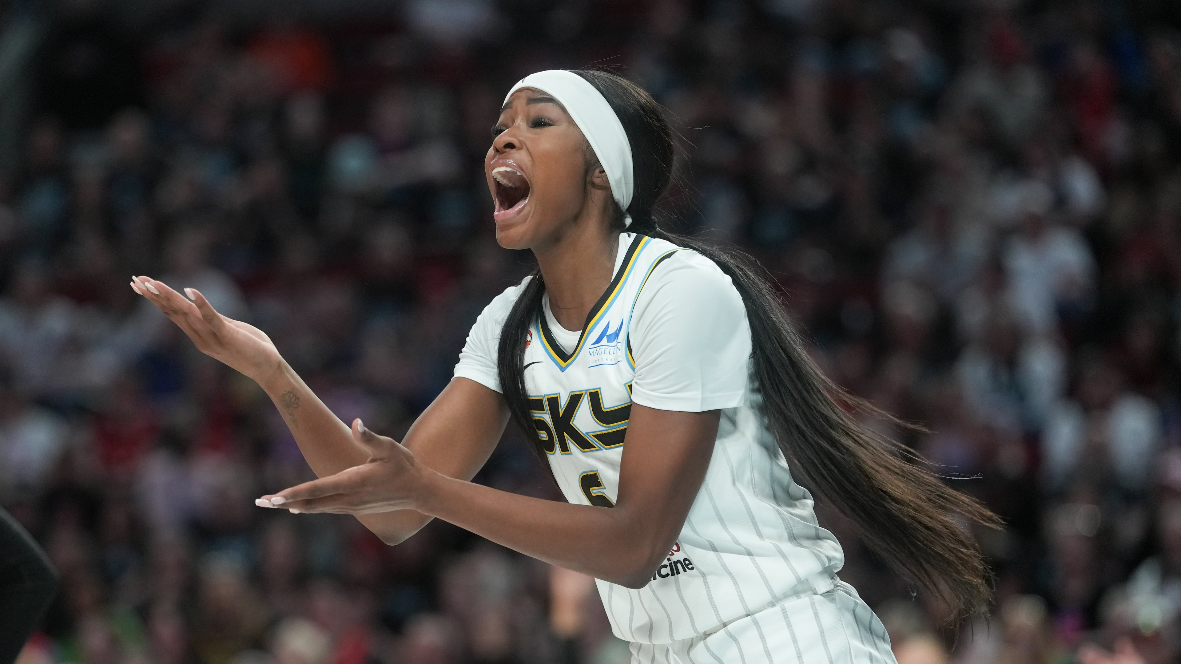 Chicago Sky forward Rickea Jackson reacts after a call during the second half of a WNBA basketball game against the Portland Fire, Saturday, May 9, 2026, in Portland, Ore. (AP Photo/Jenny Kane)