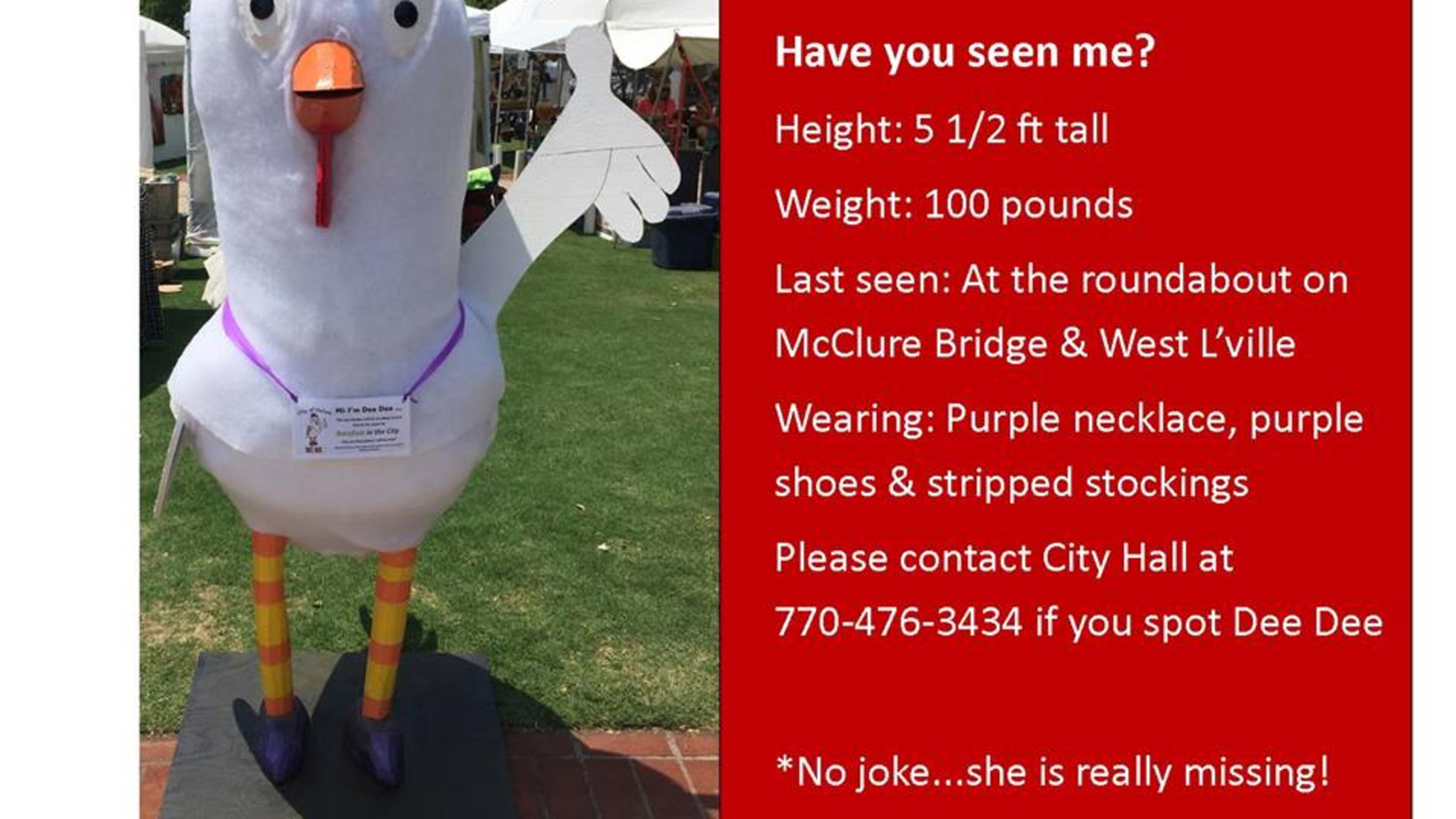 Dee Dee the Chicken, the mascot for the city of Duluth’s weeklong art festival, has been missing since Tuesday. (Credit: City of Duluth Facebook page)