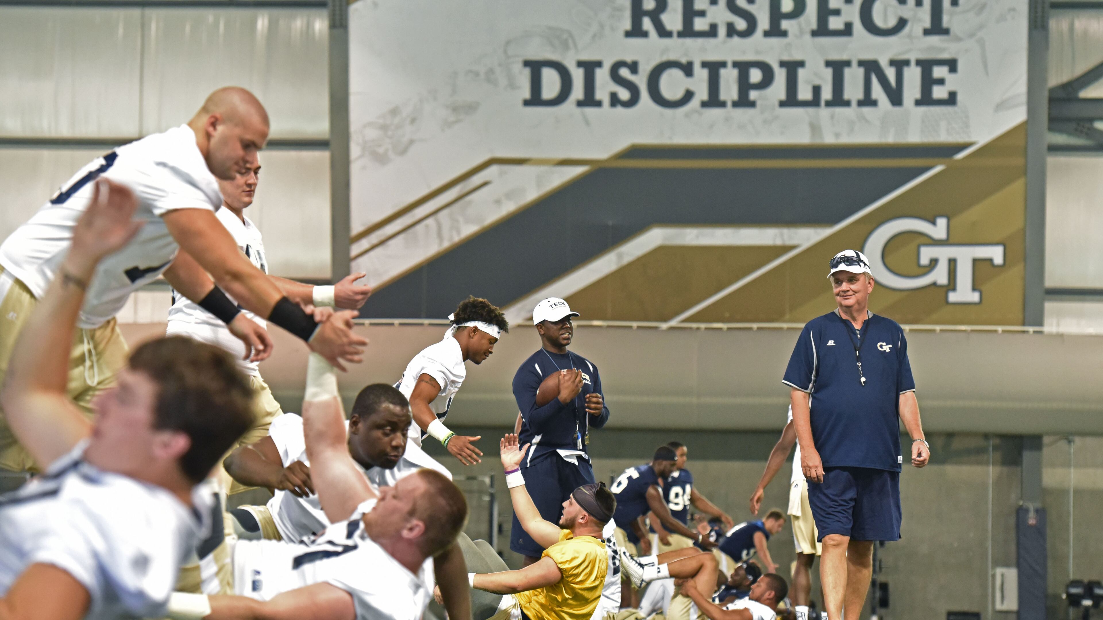 August 4, 2017 Atlanta - Georgia Tech head coach Paul Johnson watches over the first the first day of Georgia Tech football practice at Rose Bowl Field in Georgia Tech campus on Friday, August 4, 2017. HYOSUB SHIN / HSHIN@AJC.COM