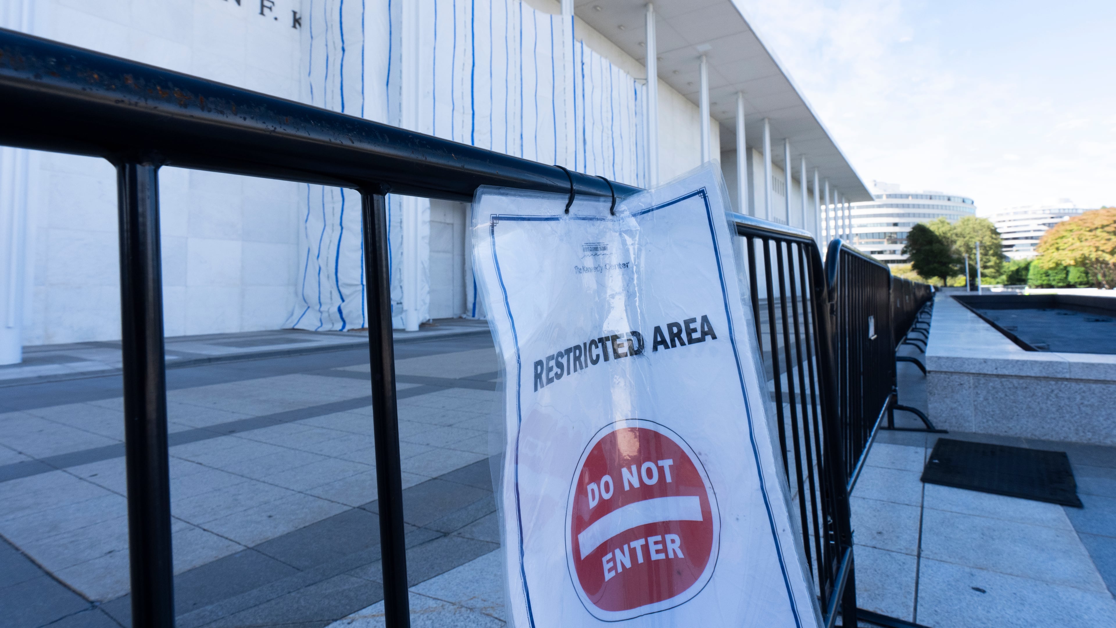 A "Do Not Enter" sign is pictured on the fence at the John F. Kennedy Center for the Performing Arts, Friday, Sept. 25, 2026, in Washington. (AP Photo/Manuel Balce Ceneta)