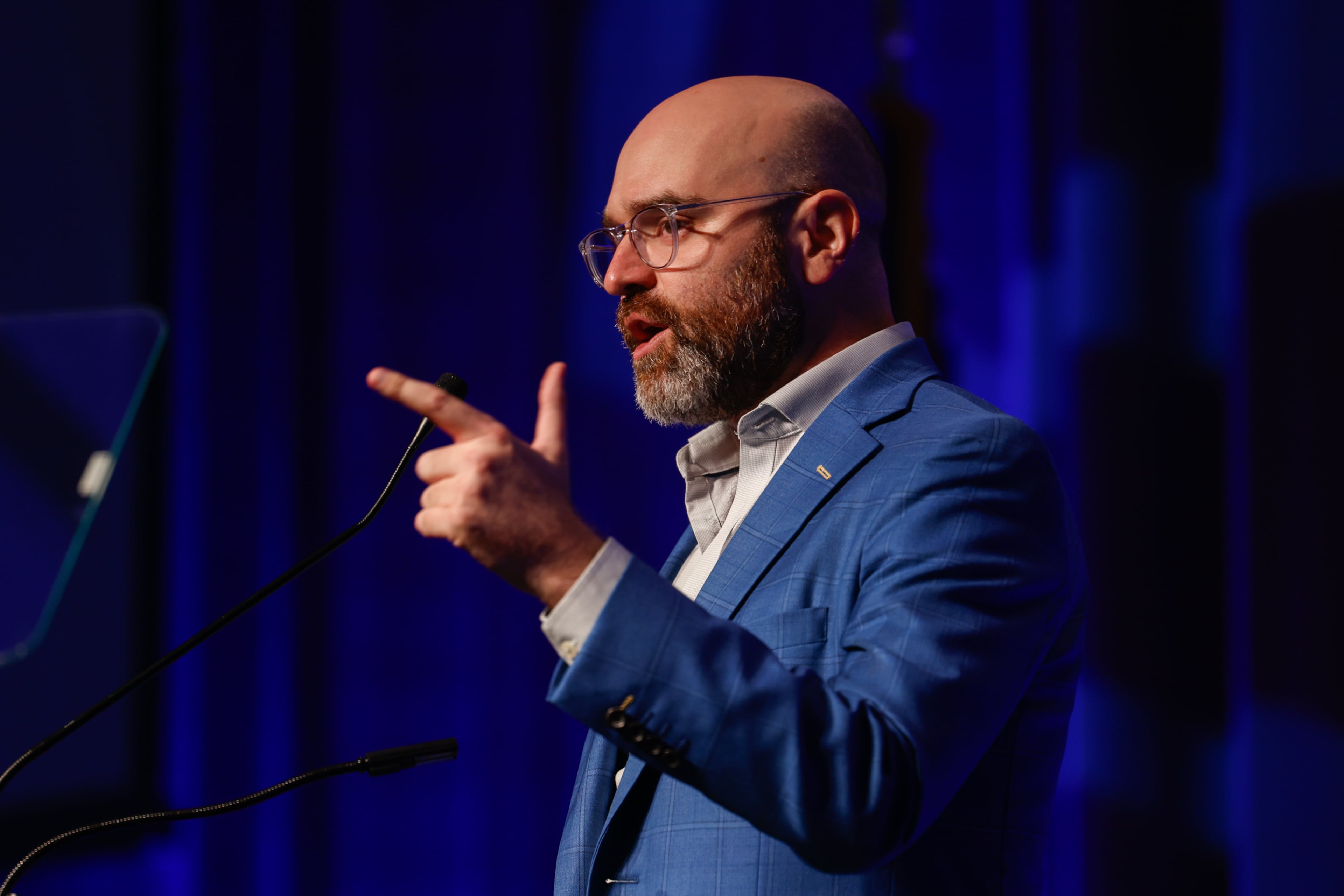 Democratic nominee for lieutenant governor Josh McLaurin speaks at the Democratic Party of Georgia convention in Savannah earlier this month. (Arvin Temkar/AJC)