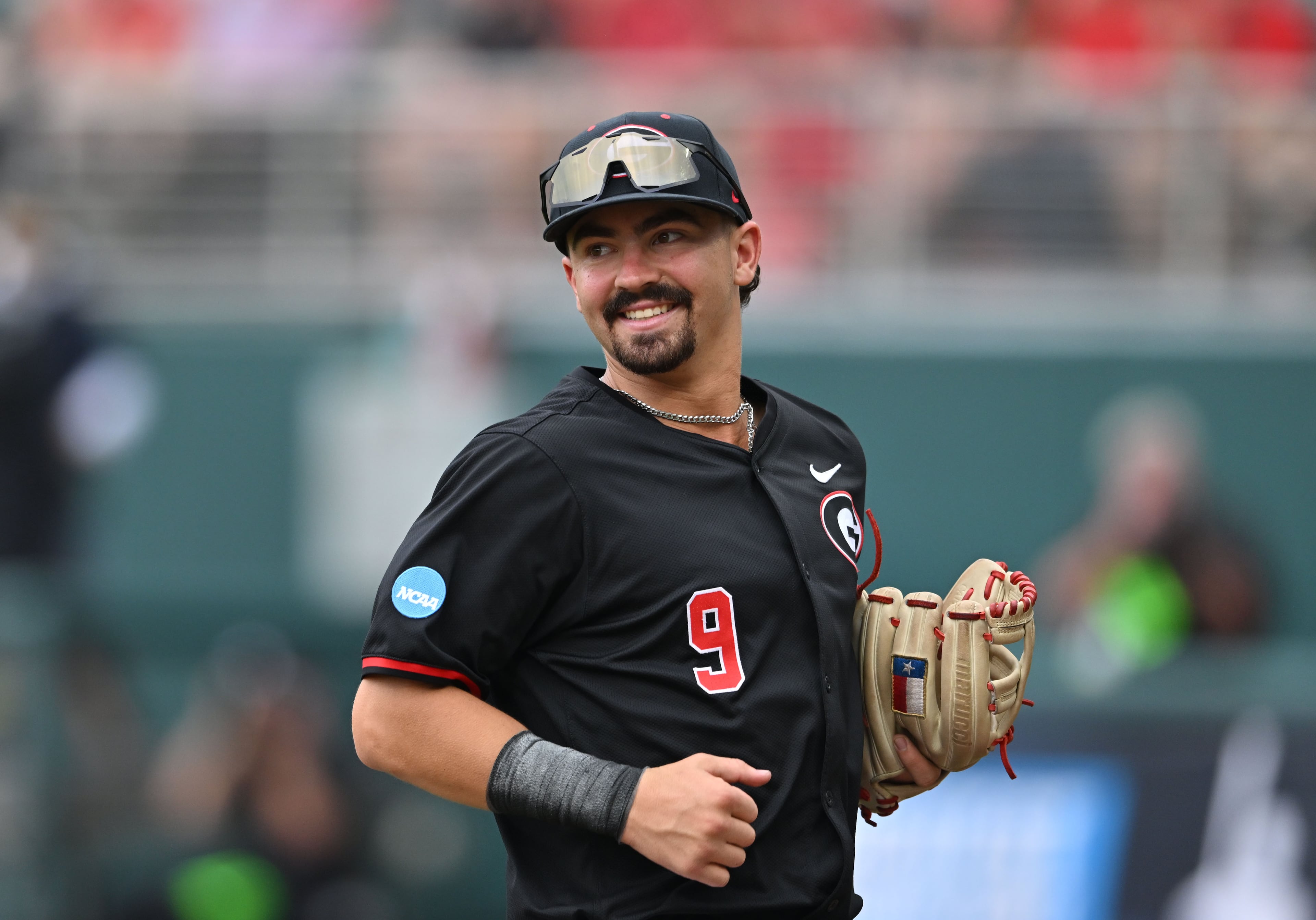 Georgia infielder Kolby Branch (9) reacts during the second inning of their NCAA Regional game at Foley Field, Friday, May 29, 2026, in Athens. (Hyosub Shin/AJC)