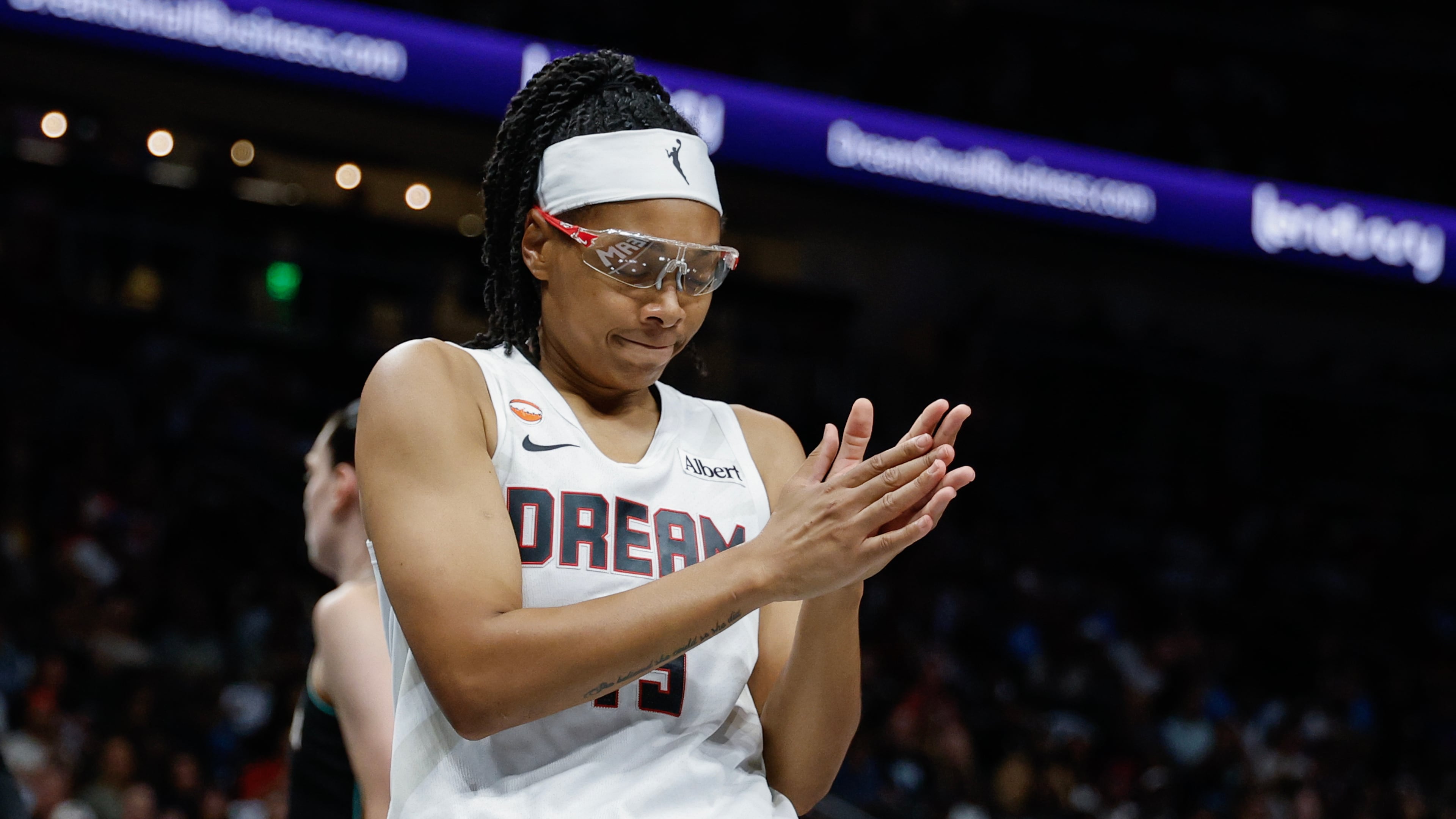 Atlanta Dream guard Allisha Gray reacts during the first half of a WNBA semifinal playoff game 1 between the Atlanta Dream and the New York Liberty, Sunday, Oct. 4, 2026, in Atlanta. (Erik S. Lesser for the AJC)