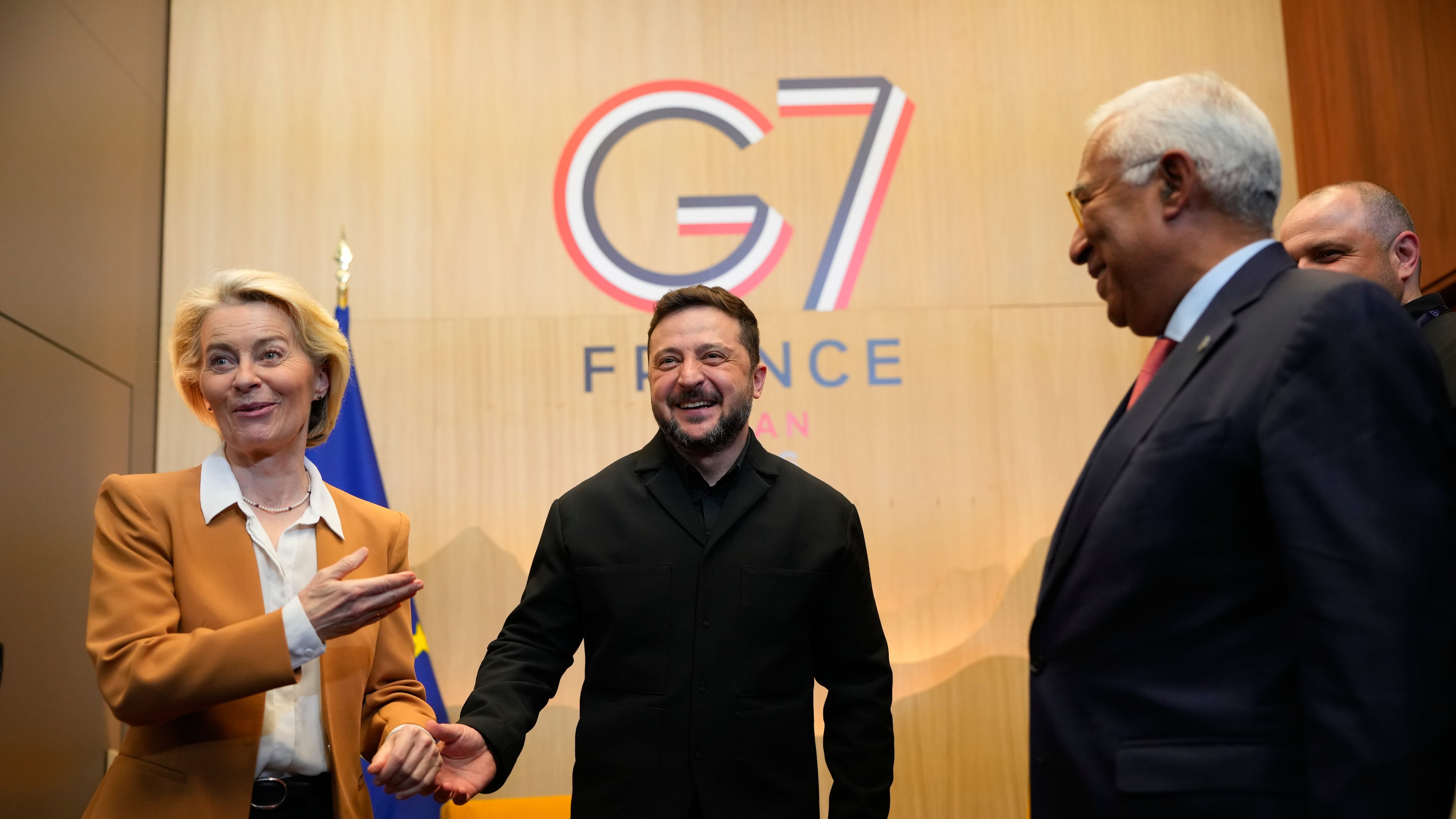 Ukrainian President Volodymyr Zelenskyy, center, meets with European Commission President Ursula von der Leyen, left, and European Council President Antonio Costa, right, at the G7 summit in Evian-les-Bains, France, Tuesday, June 16, 2026. (AP Photo/Vadim Ghirda)