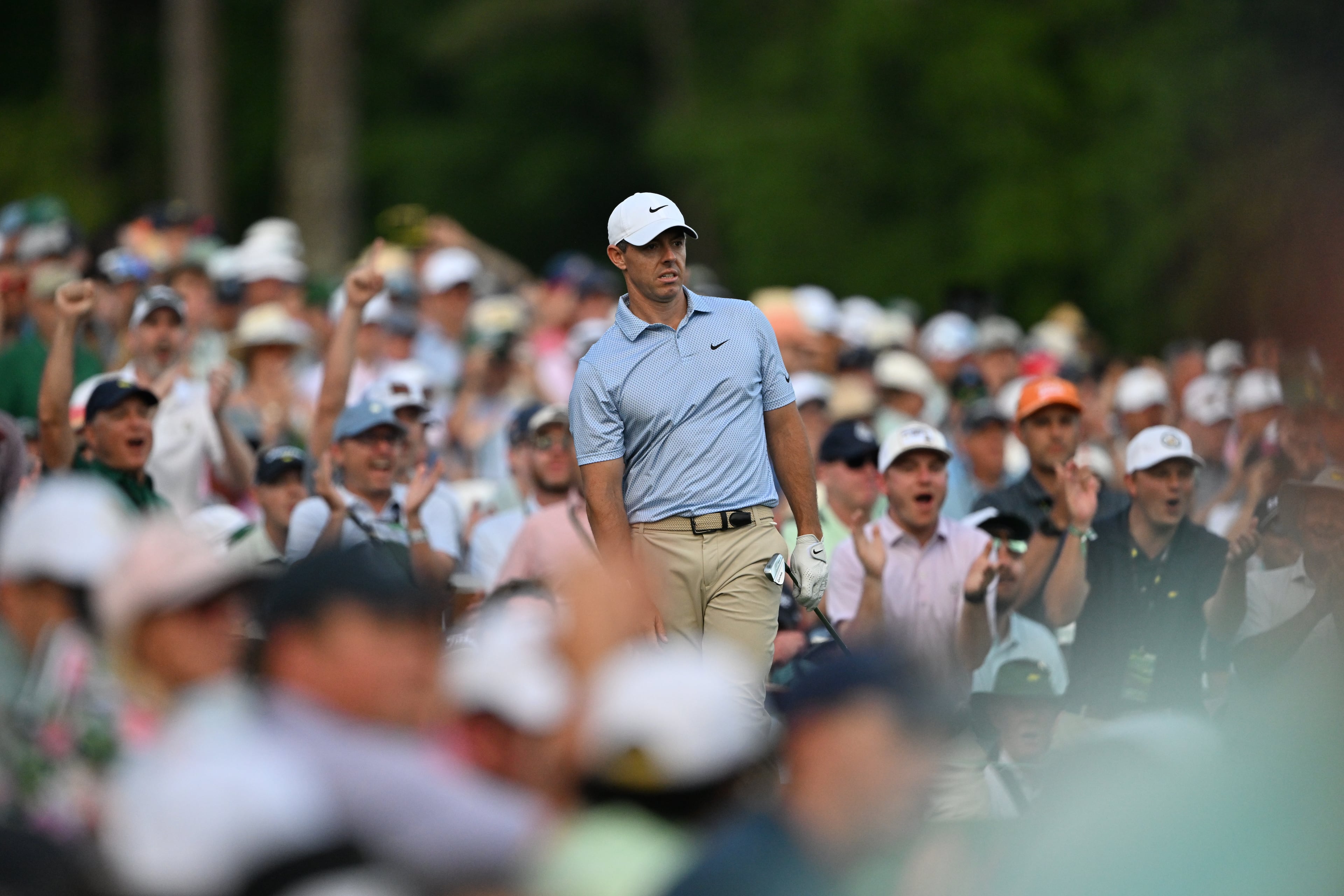 Rory McIlroy tees off on 12th tee during final round of the Masters, at Augusta National Golf Club, Sunday, April 12, 2026, in Augusta, GA (Hyosub Shin/AJC)