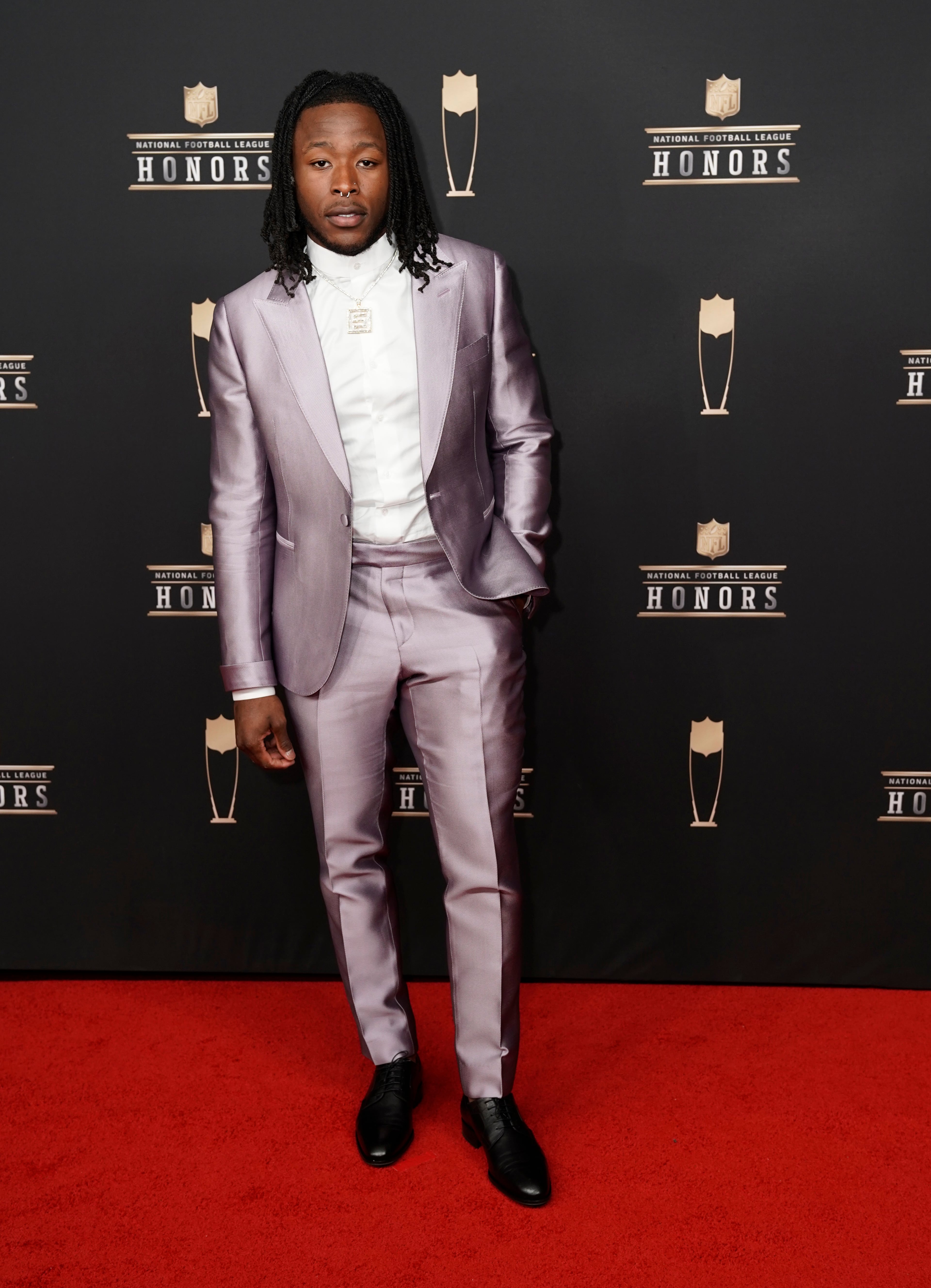 IMAGE DISTRIBUTED FOR THE NFL -Alvin Kamara of the New Orleans Saints arrives at the 8th Annual NFL Honors at The Fox Theatre on Saturday, Feb. 2, 2019, in Atlanta. (Photo by Paul Abell/Invision for NFL/AP Images)