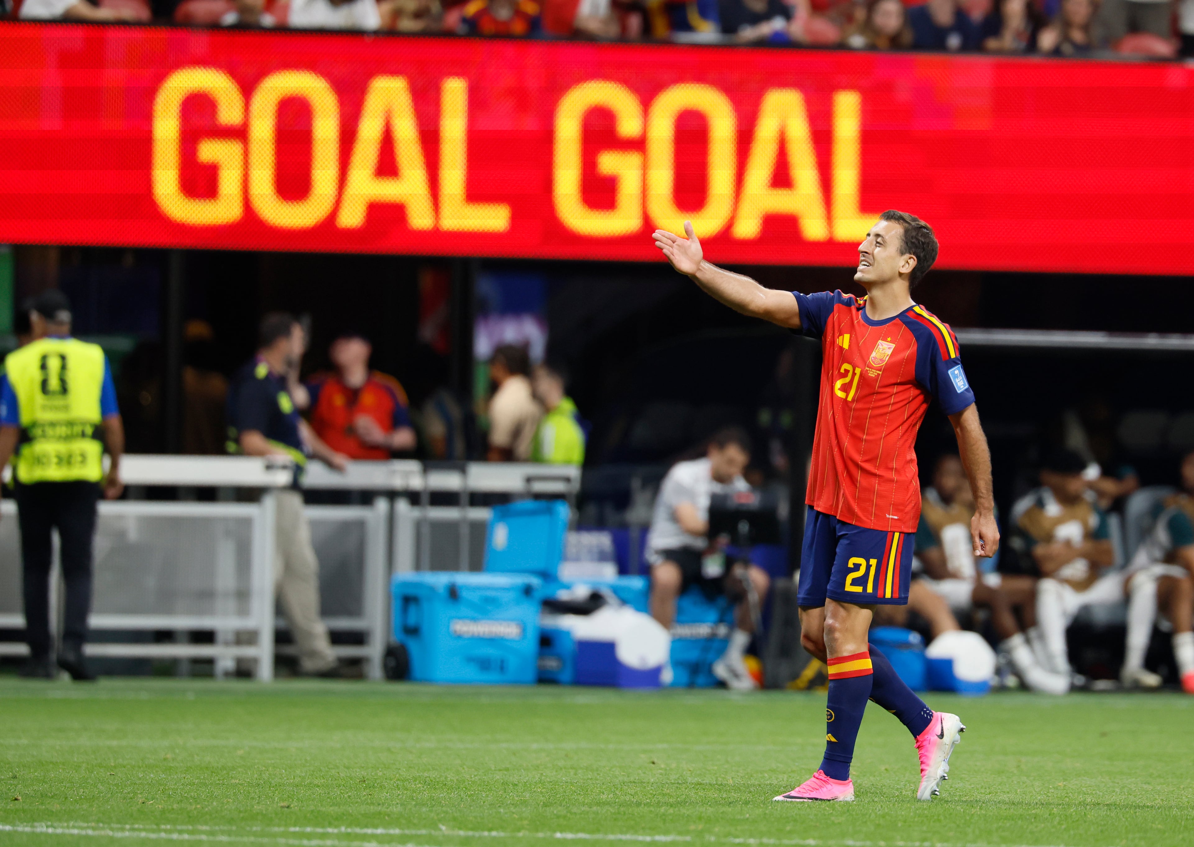 Spain's Mikel Oyarzabal celebrates his second goal during the first half of the Spain vs. Saudi Arabia World Cup match Sunday, June 21, 2026, at Atlanta Stadium. (Miguel Martinez/AJC)