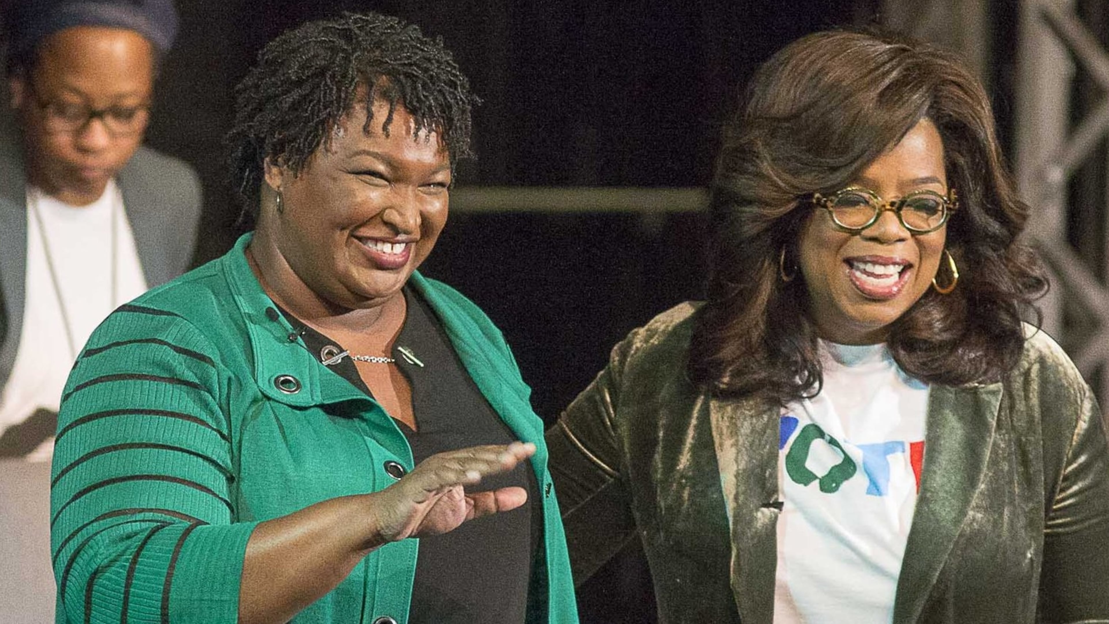 Oprah Winfrey, right, hosted a virtual campaign event with Georgia gubernatorial candidate Stacey Abrams, left, on Wednesday. They are pictured at the Cobb Civic Center in 2020. (Alyssa Pointer/AJC)
