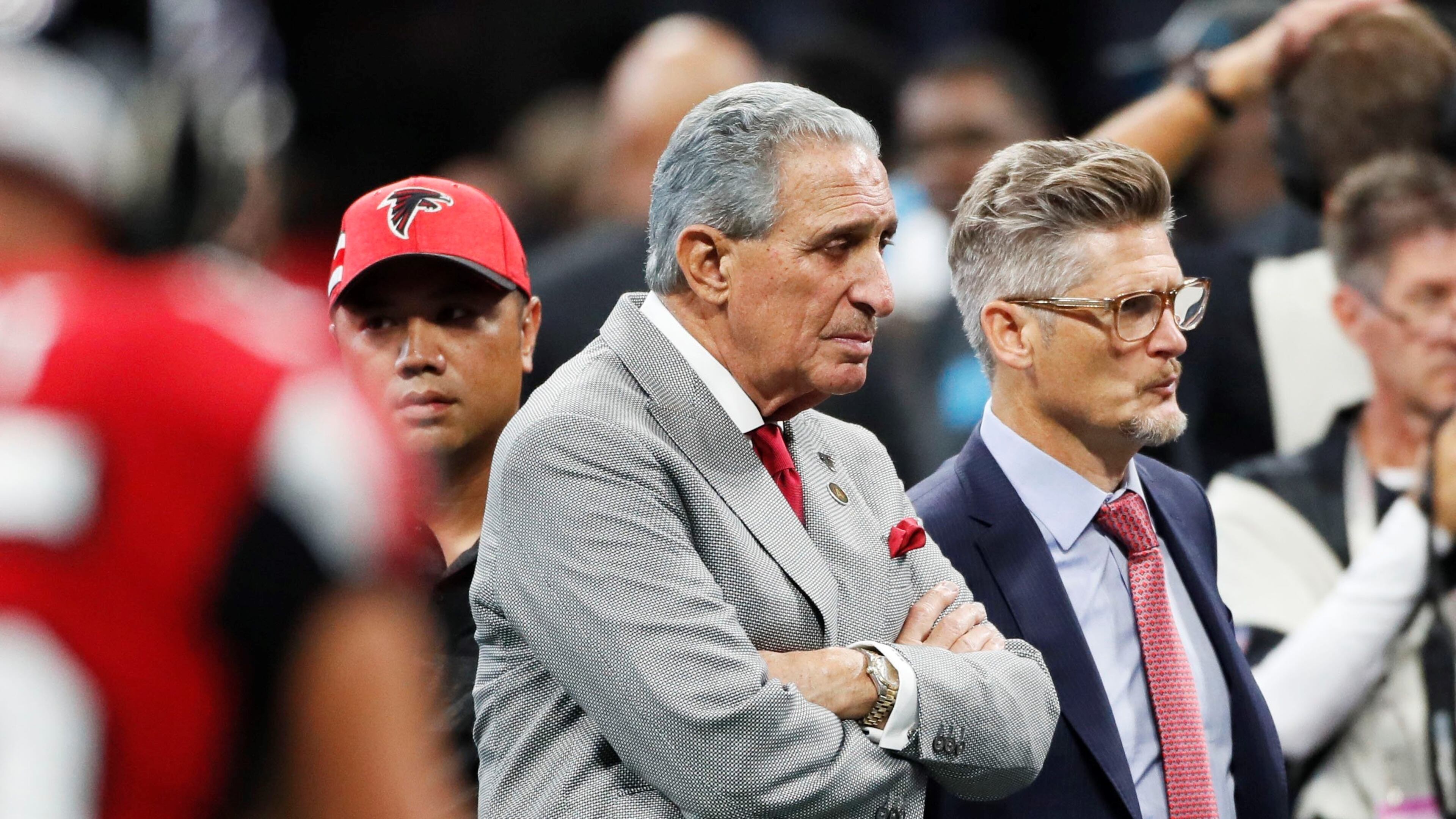 Atlanta Falcons owner Arthur Blank and General Manager Thomas Dimitroff watch pre-game warm ups. The Atlanta Falcons played the Carolina Panthers in an NFL football game Sunday, Sept 16, 2018, at Mercedes-Benz Stadium in Atlanta, GA. BOB ANDRES /BANDRES@AJC.COM