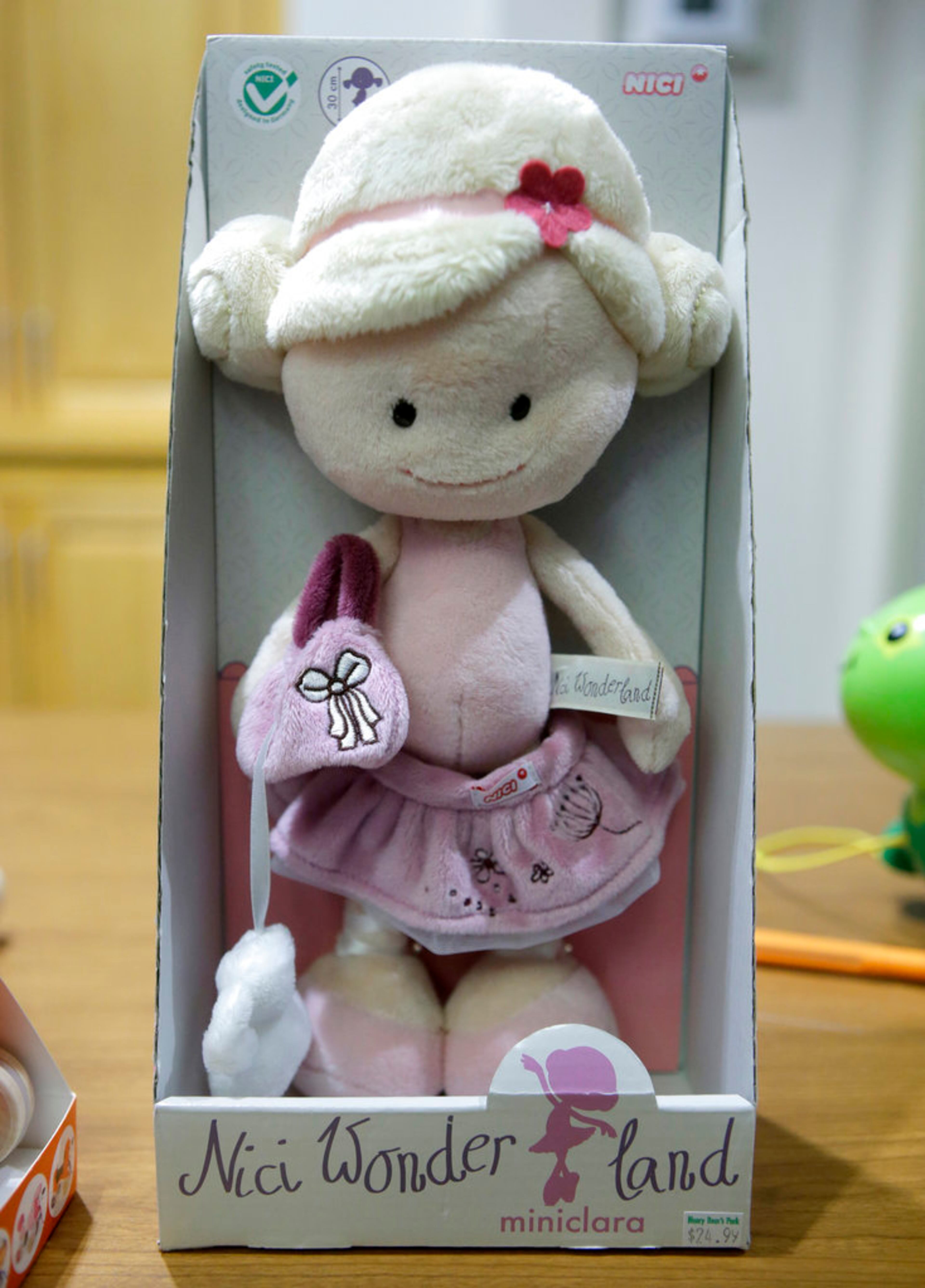 A Nici Wonderland Doll: Miniclara The Ballerina, which is on the World Against Toys Causing Harm, or W.A.T.C.H., list of worst toys for the holiday season, rests on a table before a news conference, Tuesday, Nov. 13, 2018, at a hospital, in Boston. The Massachusetts-based consumer safety group says the doll, marketed for ages 2 and up, features a small kitten that can detach from the doll and pose a risk of chocking if ingested. (AP Photo/Steven Senne)