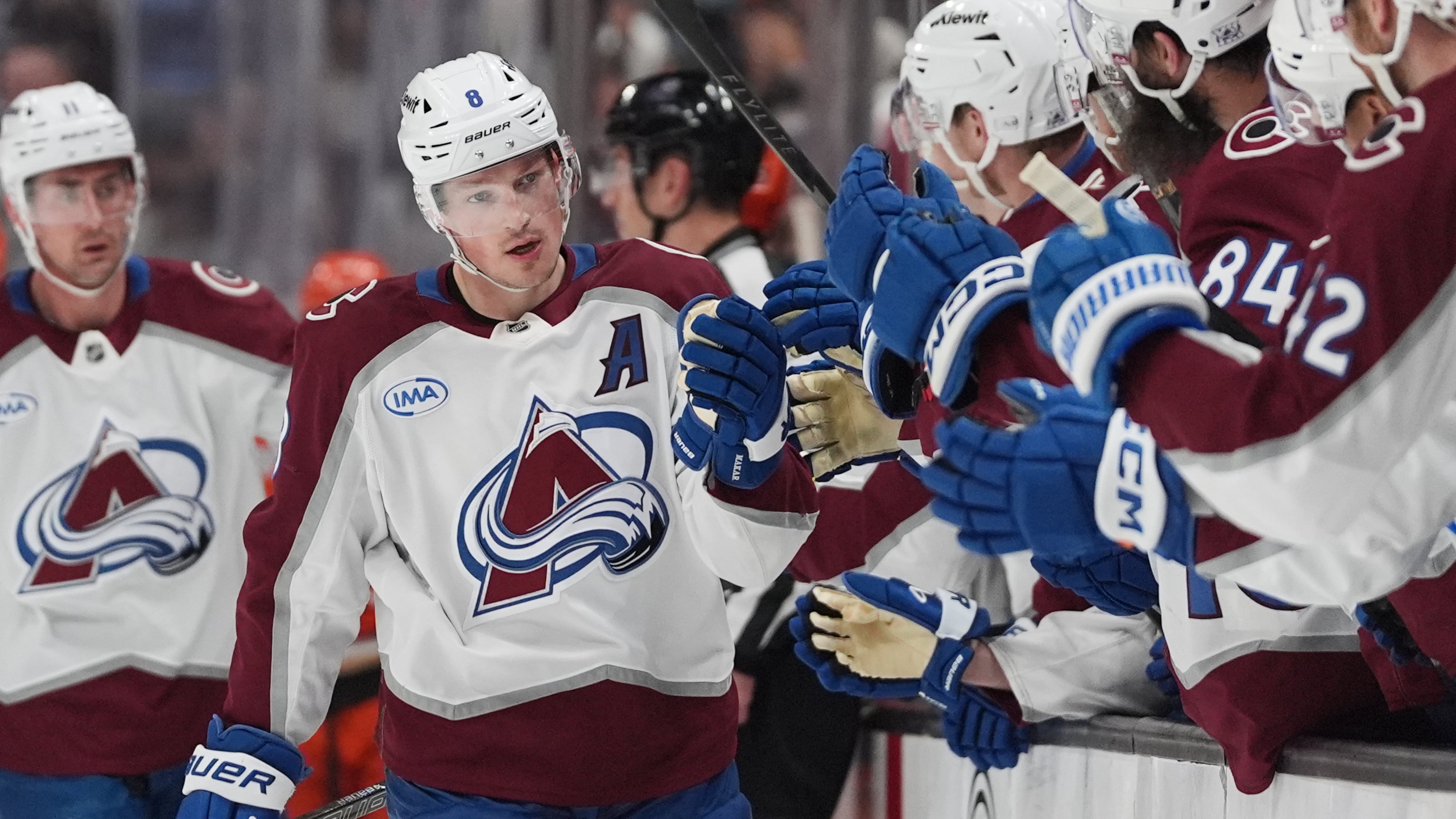FILE - Colorado Avalanche defenseman Cale Makar, center, celebrates his goal with teammates during the first period of an NHL hockey game against the Anaheim Ducks, March 3, 2026, in Anaheim, Calif. (AP Photo/Gregory Bull, File)