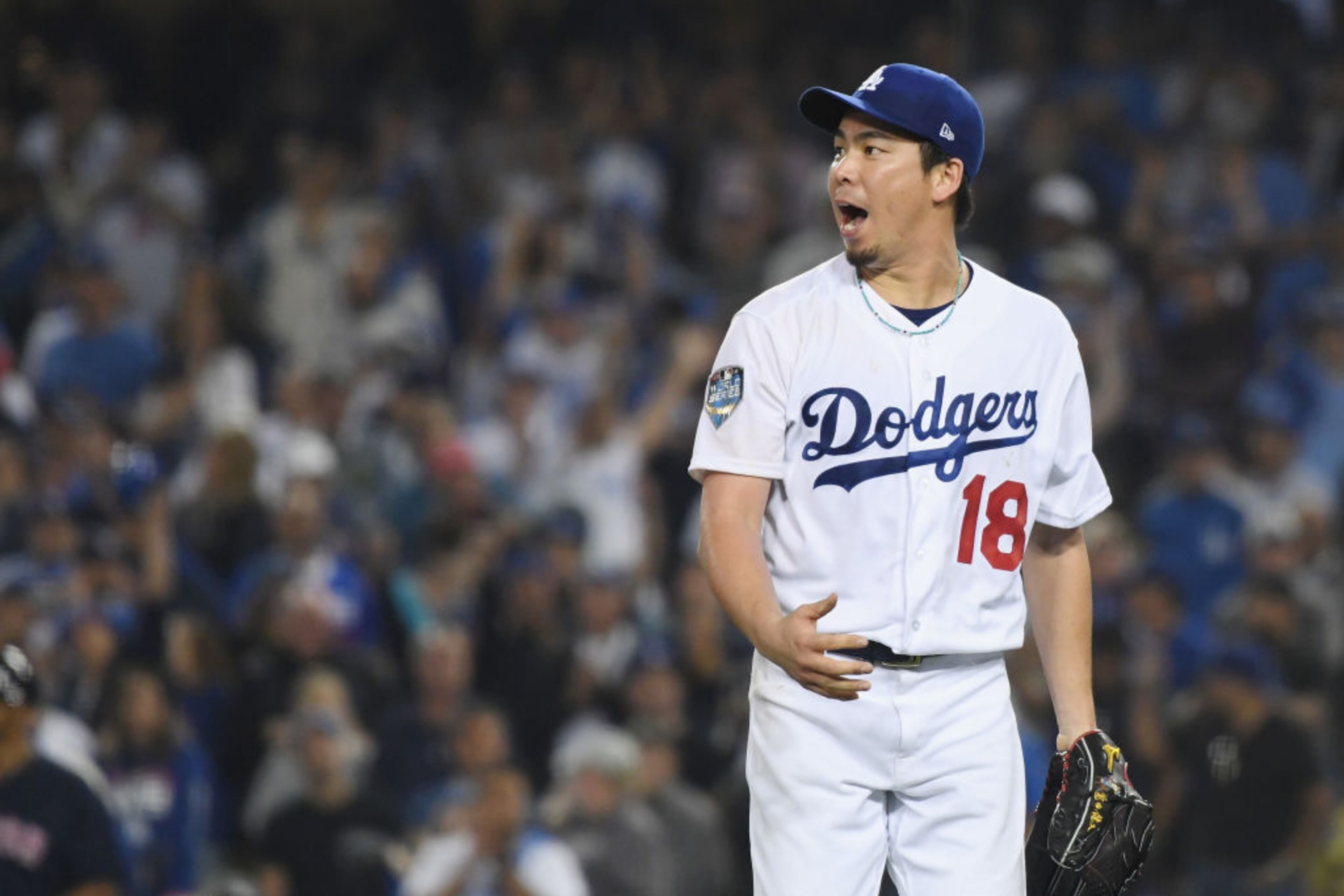 LOS ANGELES, CA - OCTOBER 26: Kenta Maeda #18 of the Los Angeles Dodgers celebrates after retiring the side in the sixteenth inning against the Boston Red Sox in Game Three of the 2018 World Series at Dodger Stadium on October 26, 2018 in Los Angeles, California. (Photo by Harry How/Getty Images)