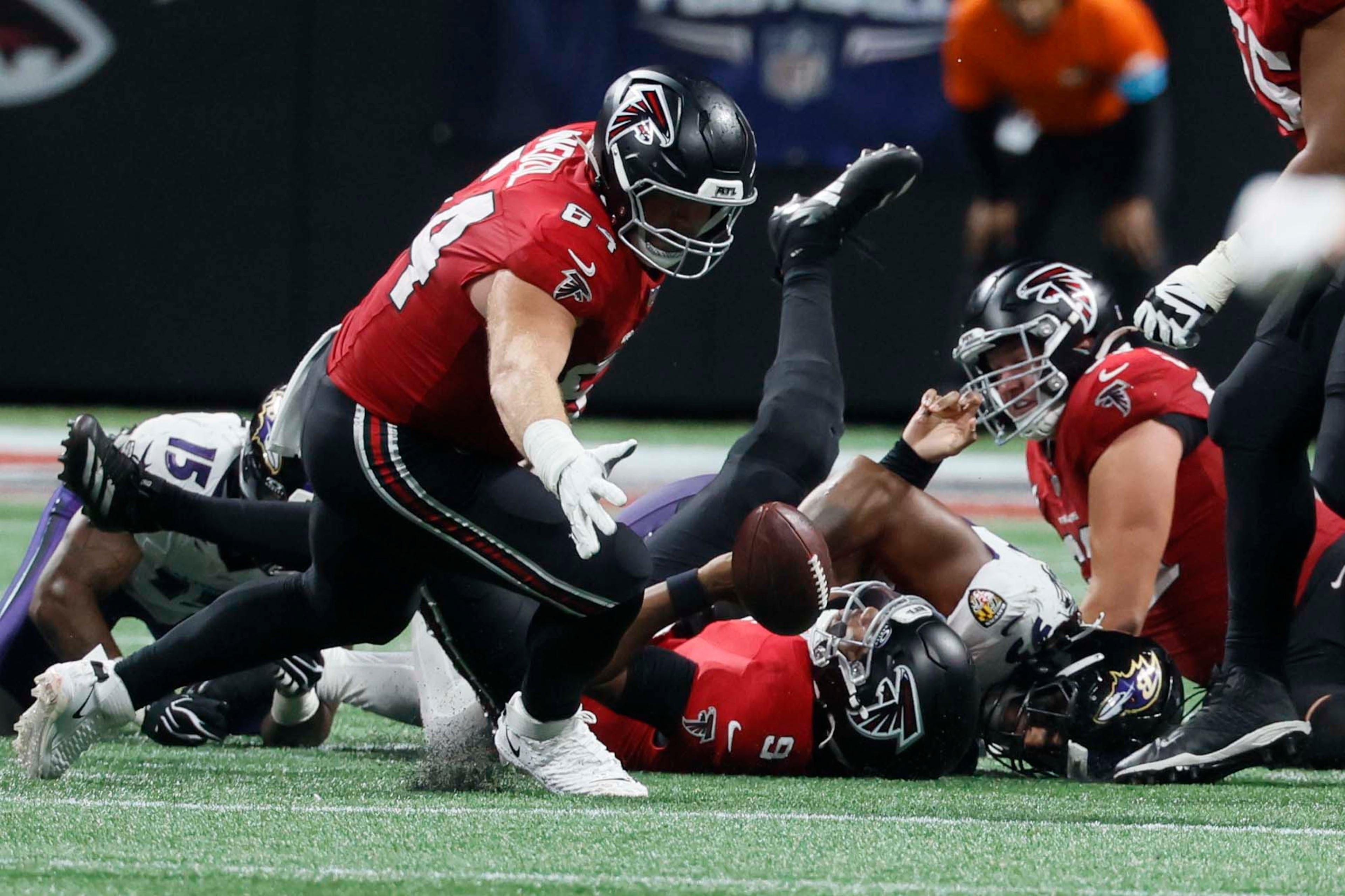 Atlanta Falcons quarterback Michael Penix Jr. (9) loses the ball after being sacked in the second half of a football game against the Baltimore Ravens at Mercedes-Benz Stadium in Atlanta, GA, on Sunday, Oct. 11, 2026.
(Miguel Martinez/AJC)