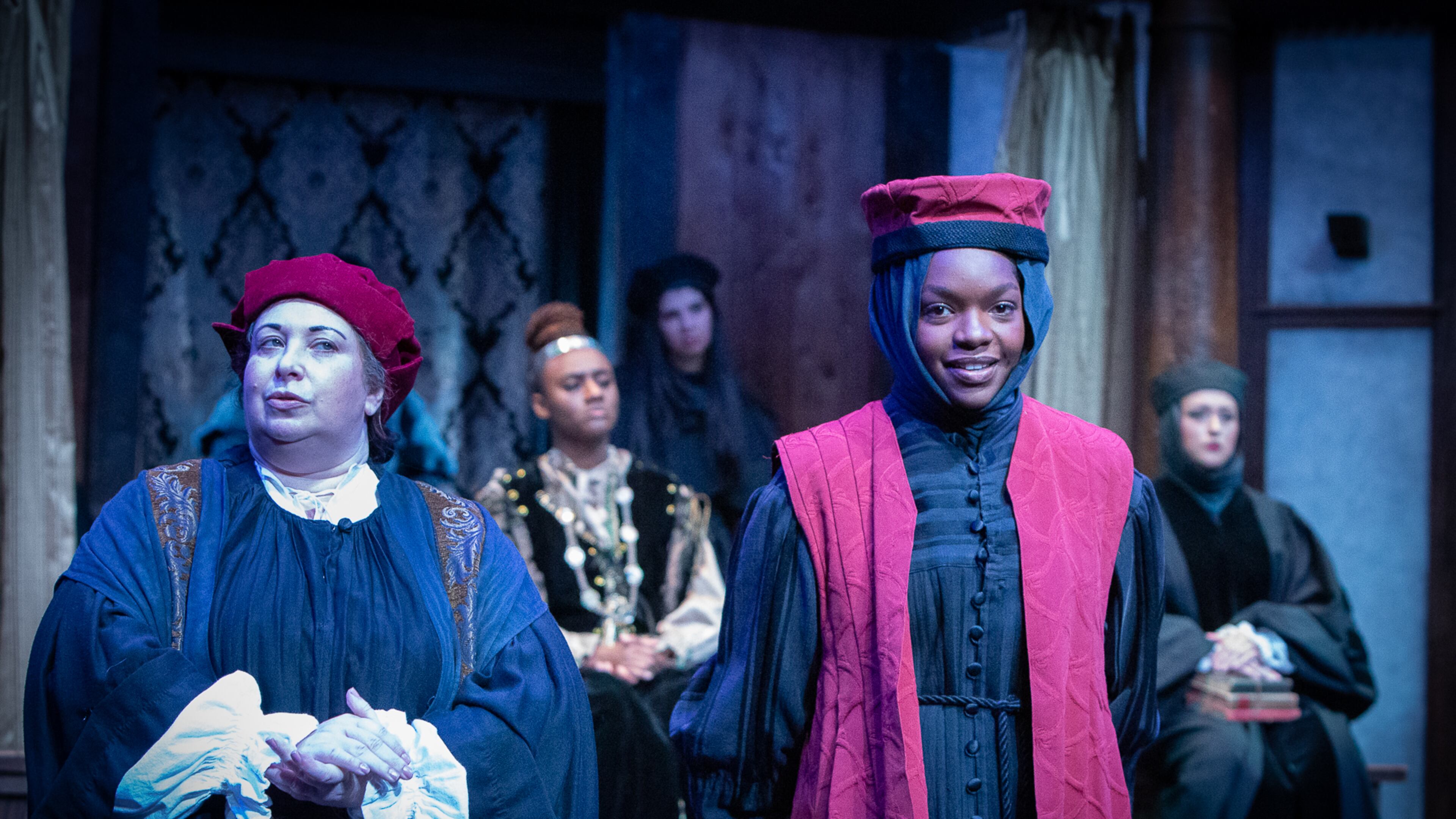Shylock (Rivka Levin) is outwitted by a costumed Portia (Destiny Freeman), posing as a doctor, during the climactic trial of Atlanta Shakespeare Company's "The Merchant of Venice." (Photos by Jeff Watkins)