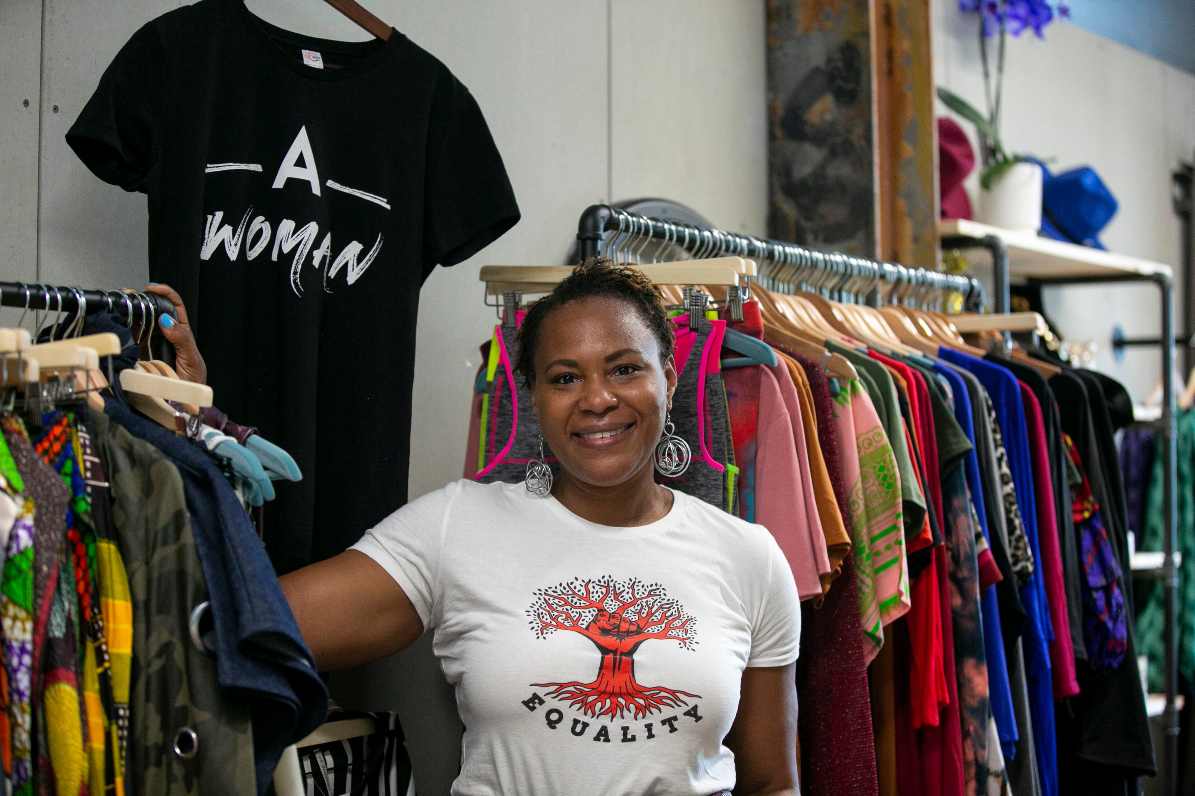Frugal Chics Roc founder and creator Nyota Byfield poses for a photo in her space in the Nia Building at Pittsburgh Yards, a professional and maker space near Adair Park, Capitol Gateway, Mechanicsville, Peoplestown, Pittsburgh and Summerhill neighborhoods in southwest Atlanta on Tuesday, September 7, 2021. (Rebecca Wright for the Atlanta Journal-Constitution)