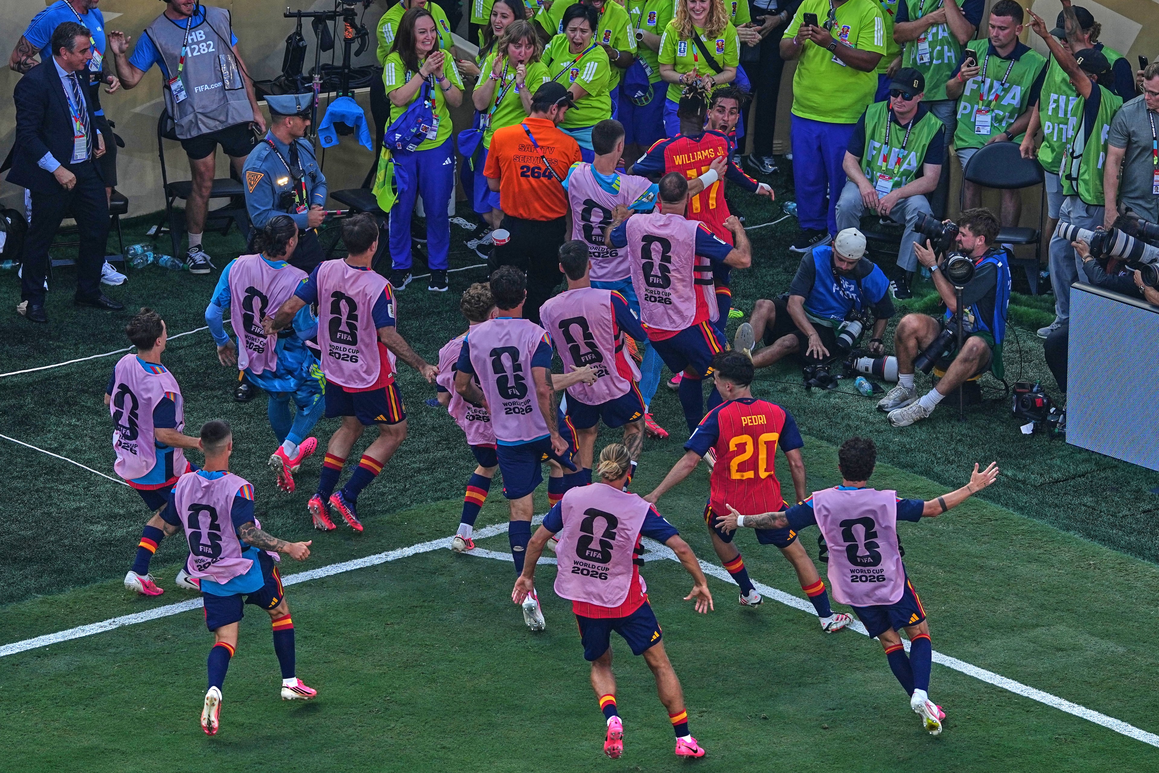 Spanish players celebrate first goal during the World Cup final soccer match between Spain and Argentina in East Rutherford, N.J., near New York, Sunday, July 19, 2026. (Matt Rourke/AP)
