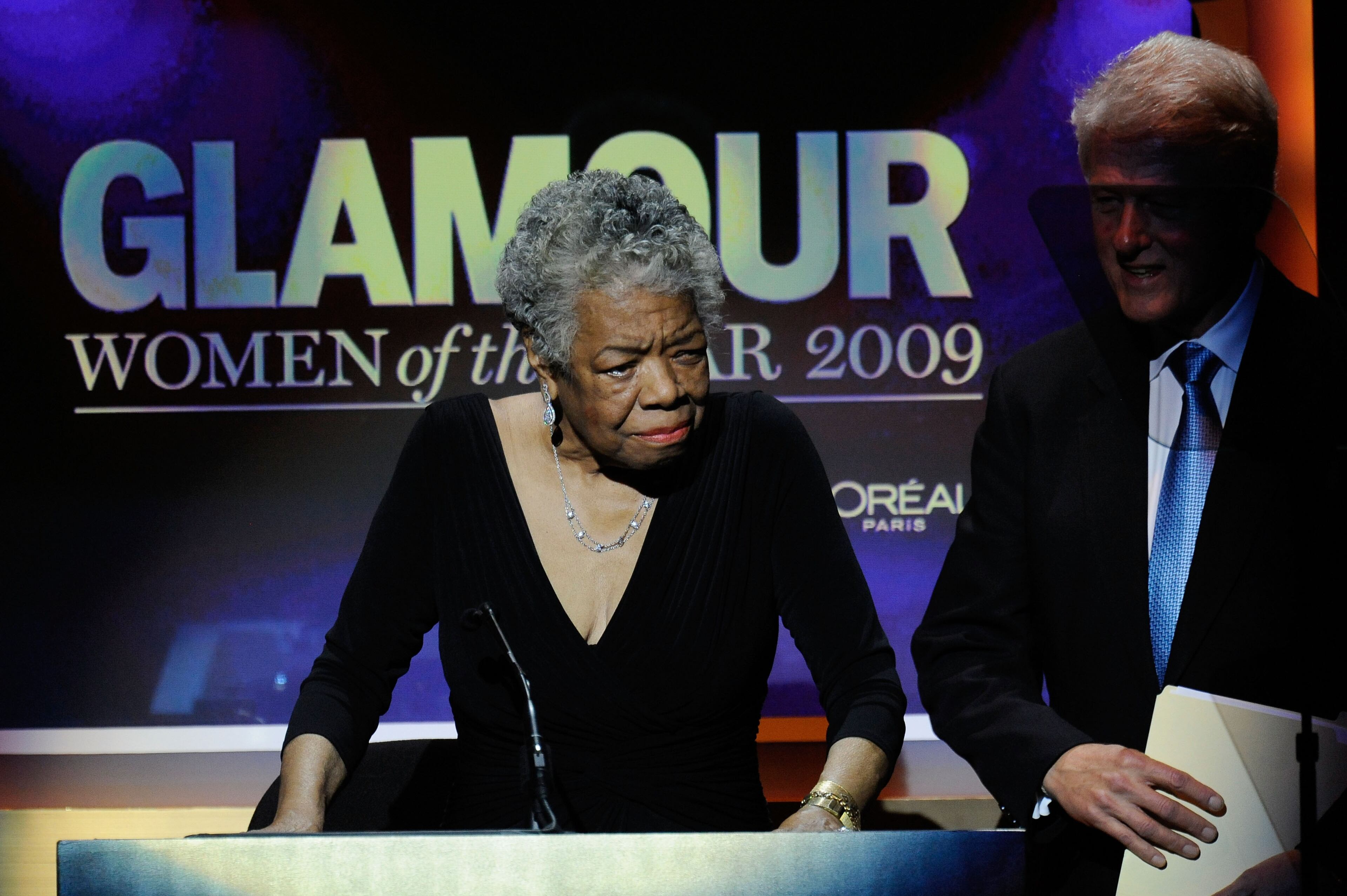 Honoree/Dr. Maya Angelou (L) and Former U.S. President Bill Clinton onstage at the The 2009 Women of the Year hosted by Glamour Magazine at Carnegie Hall on November 9, 2009 in New York City. (Photo by Larry Busacca/Getty Images for Glamour Magazine)