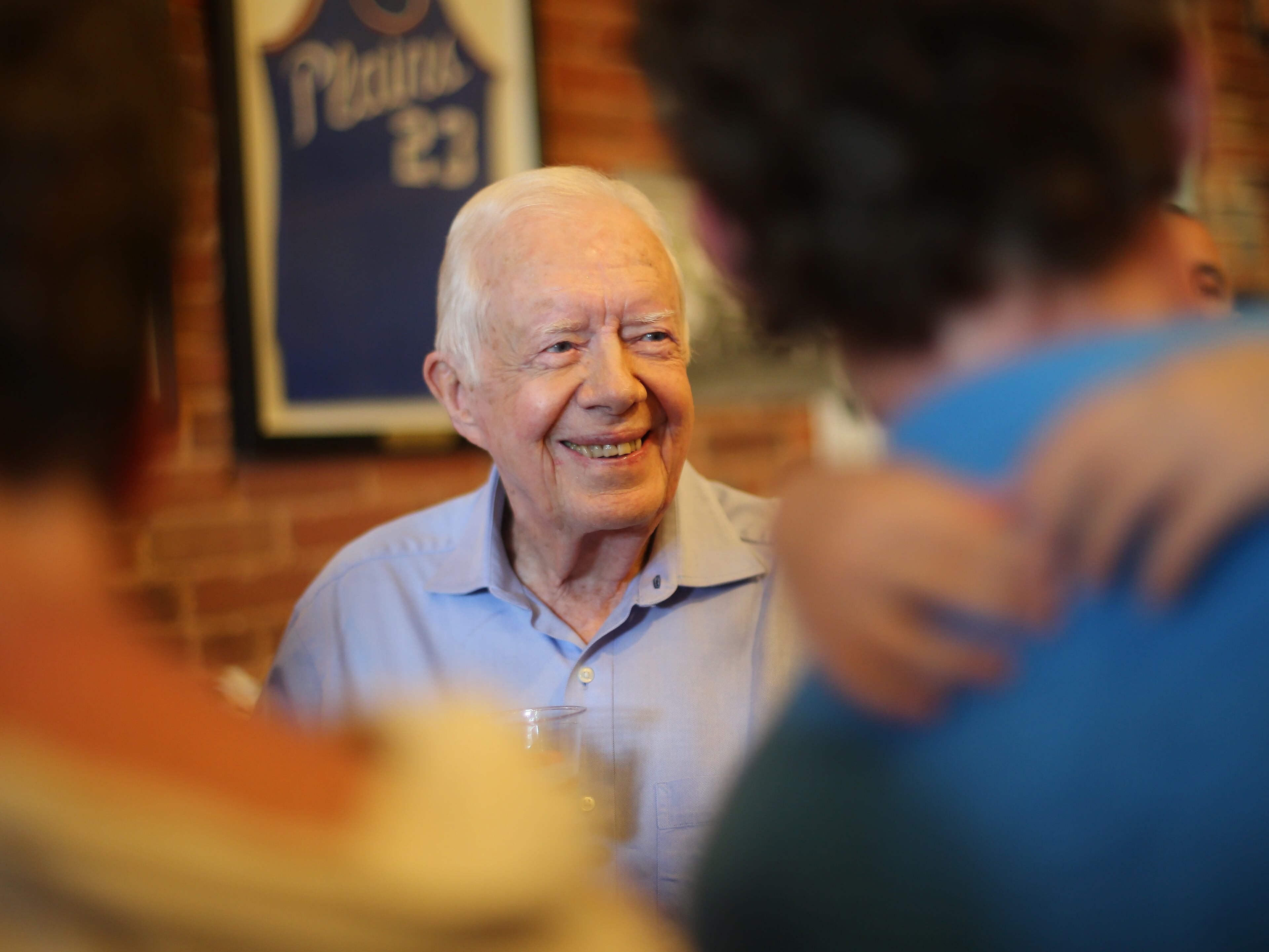 August 22, 2015 Plains: President Jimmy Carter smiles while greeting friends, family and fans at a fund raiser and birthday party for his wife Rosalynn on Saturday evening August 22, 2015 in Plains. Ben Gray / bgray@ajc.com