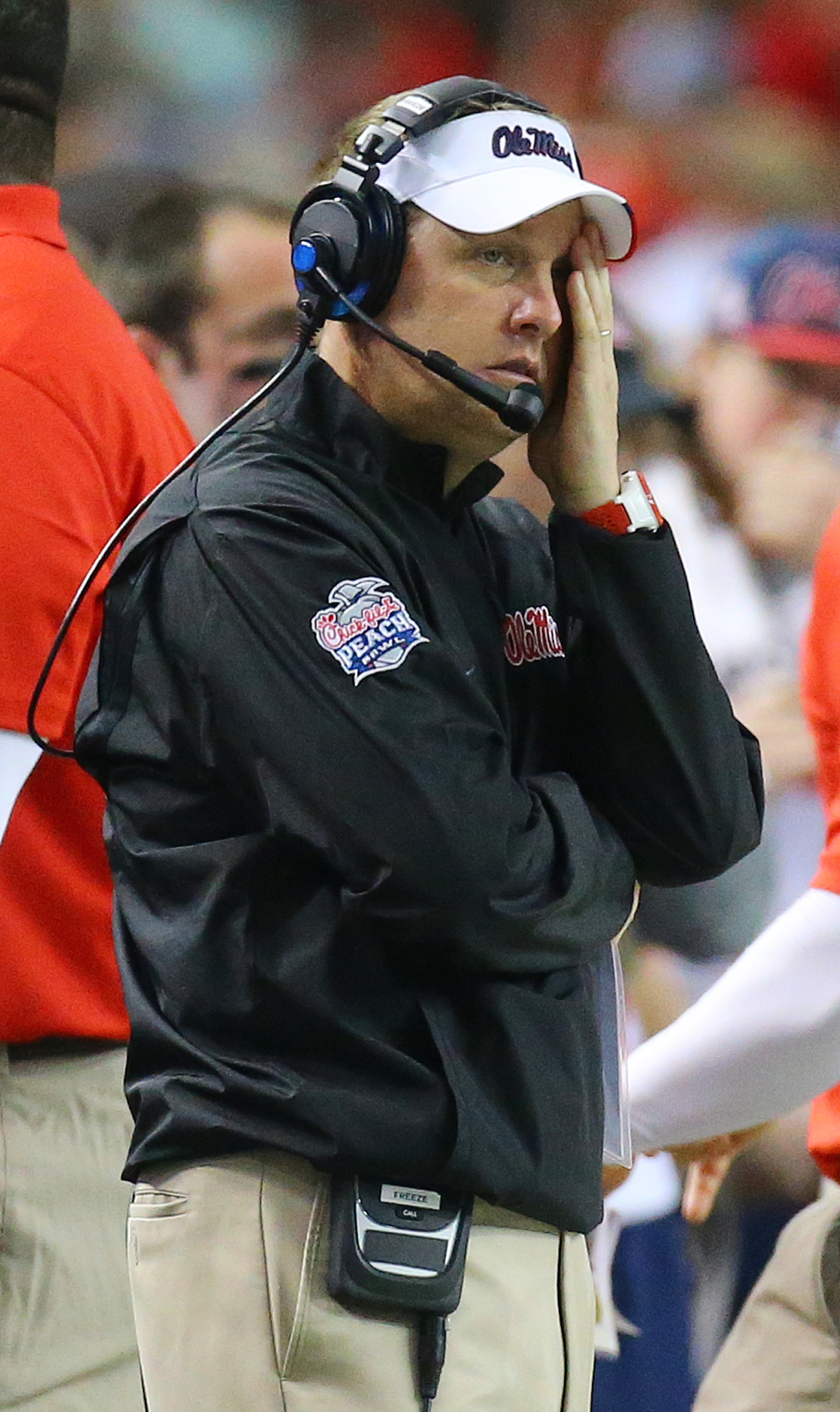 Ole Miss head coach Hugh Freeze looks on during the fourth quarter in a 42-3 loss to TCU in the Chick-fil-A Peach Bowl on Wednesday, Dec. 31, 2014, in Atlanta. Curtis Compton / ccompton@ajc.com
