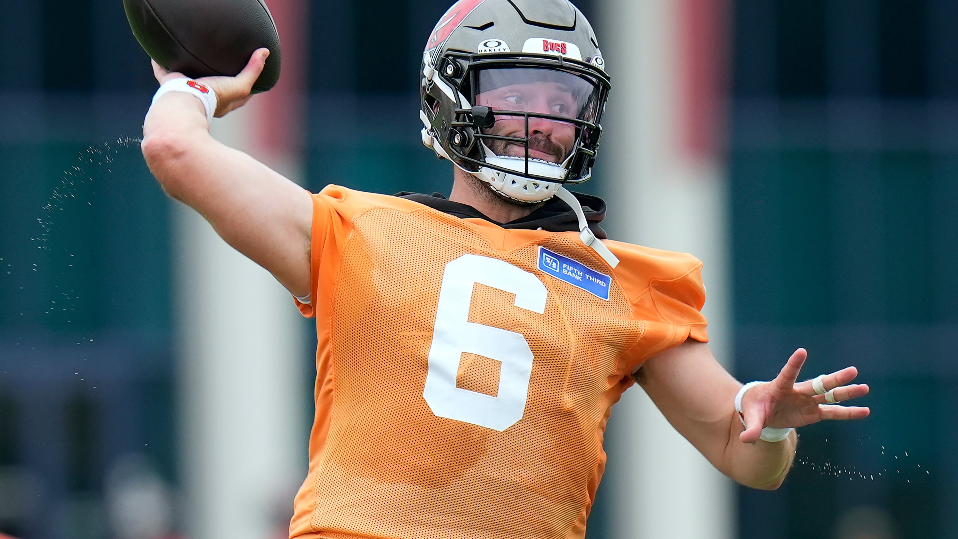 Tampa Bay Buccaneers quarterback Baker Mayfield throws a pass during an NFL football training camp practice Thursday, July 30, 2026, in Tampa, Fla. (AP Photo/Chris O'Meara)