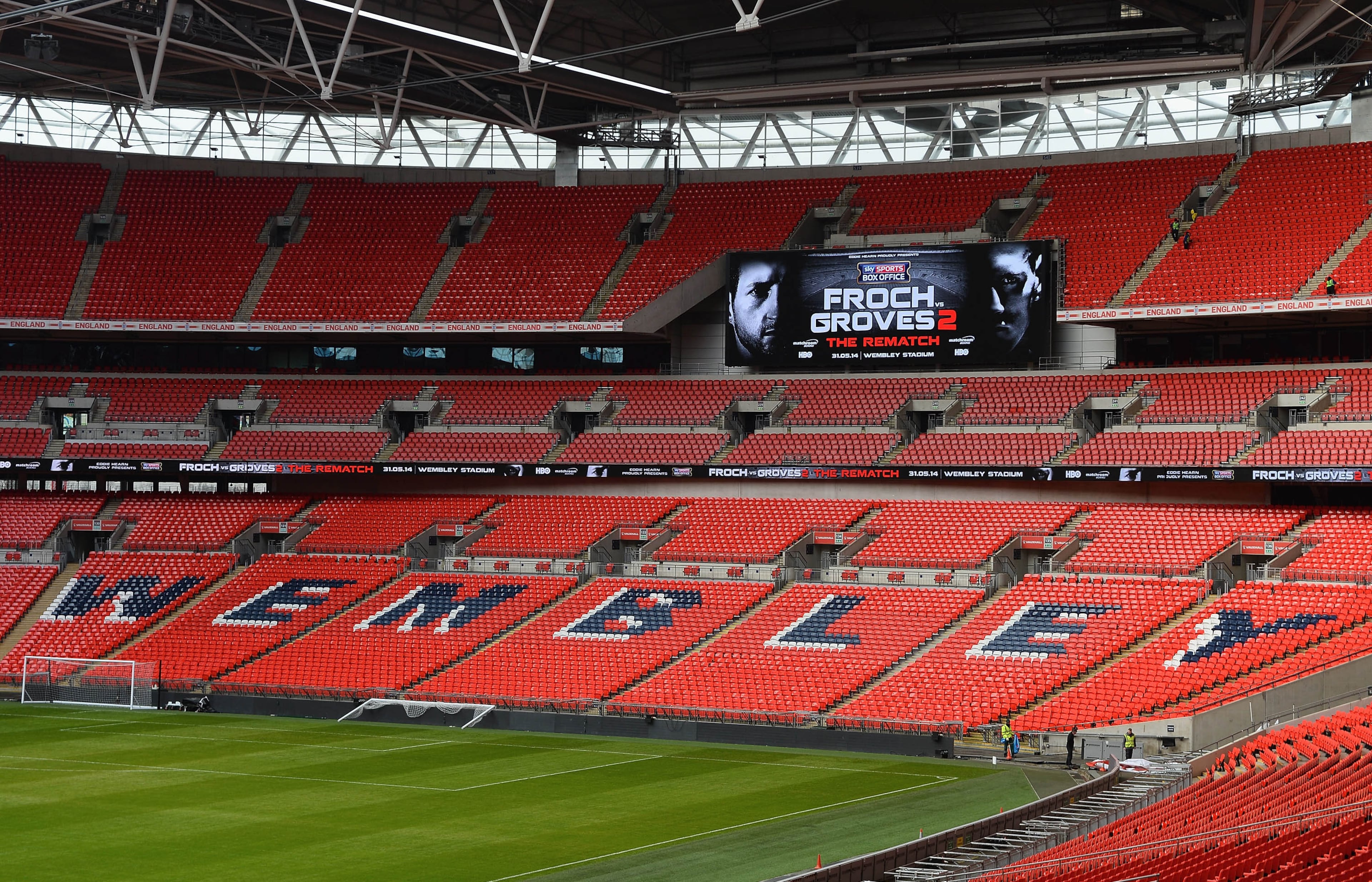 Wembley Stadium is outfitted with two giant screens, roughly the size of 600 32-inch TV sets.