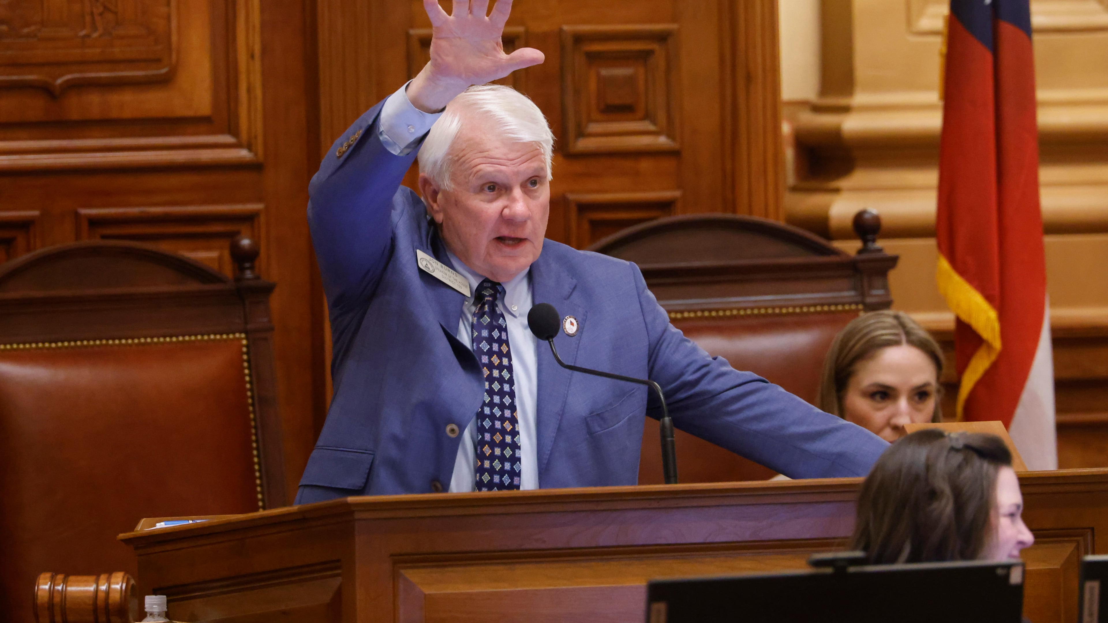 House Speaker Jon Burns, R-Newington, gestures before discussion of a rules committee substitute version of House Bill 1116, a property tax bill, in the House of Representatives at the Capitol in Atlanta on Crossover Day, Friday, March 6, 2026. (Arvin Temkar/AJC)