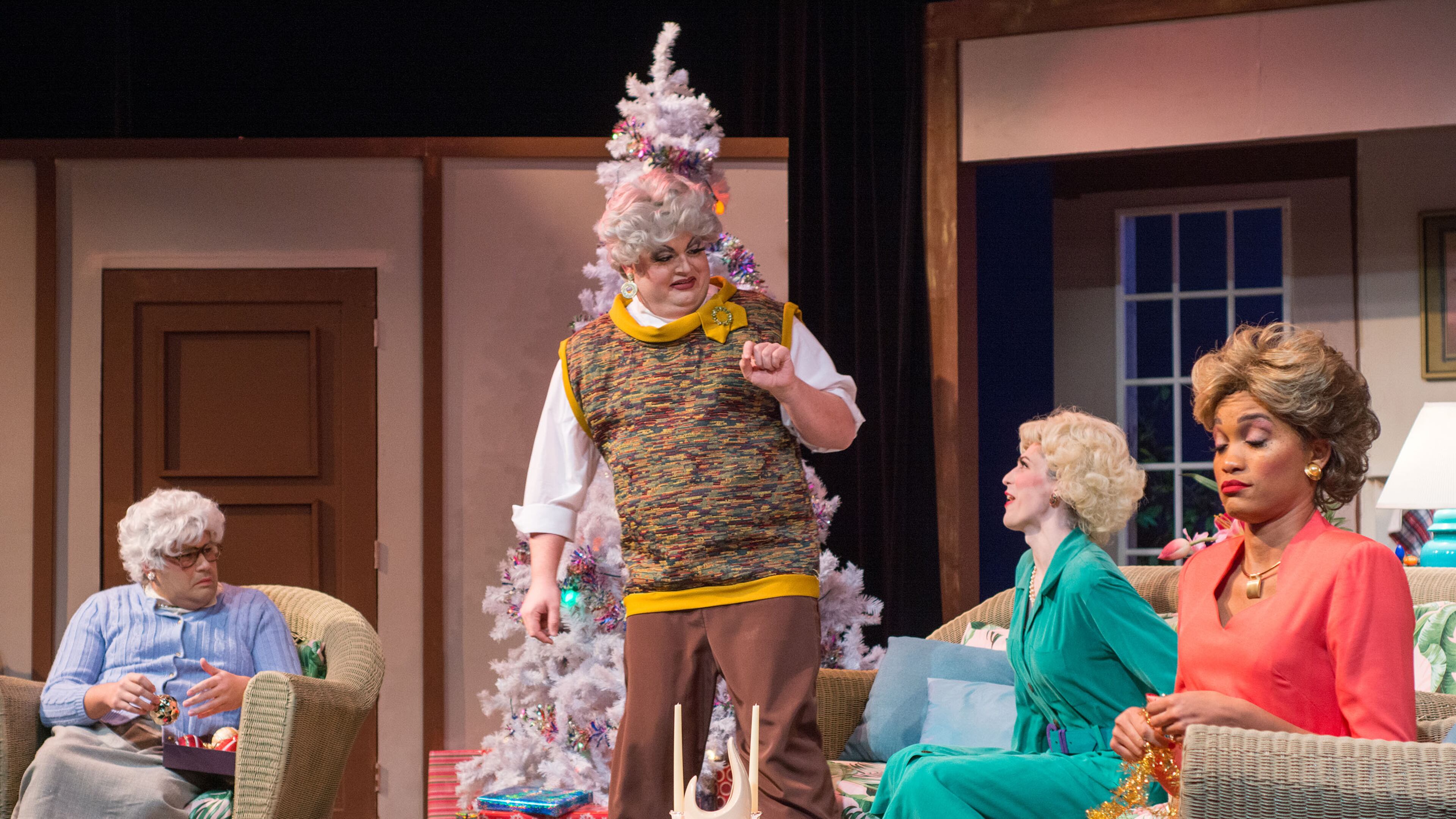 "The Golden Girls: The Lost Episodes – Holiday Edition" at Out Front Theatre Company stars (from left) Robert Hindsman as Sophia, Blake Fountain as Dorothy, Andi Stanesic as Rose and Precious Anika West as Blanche.