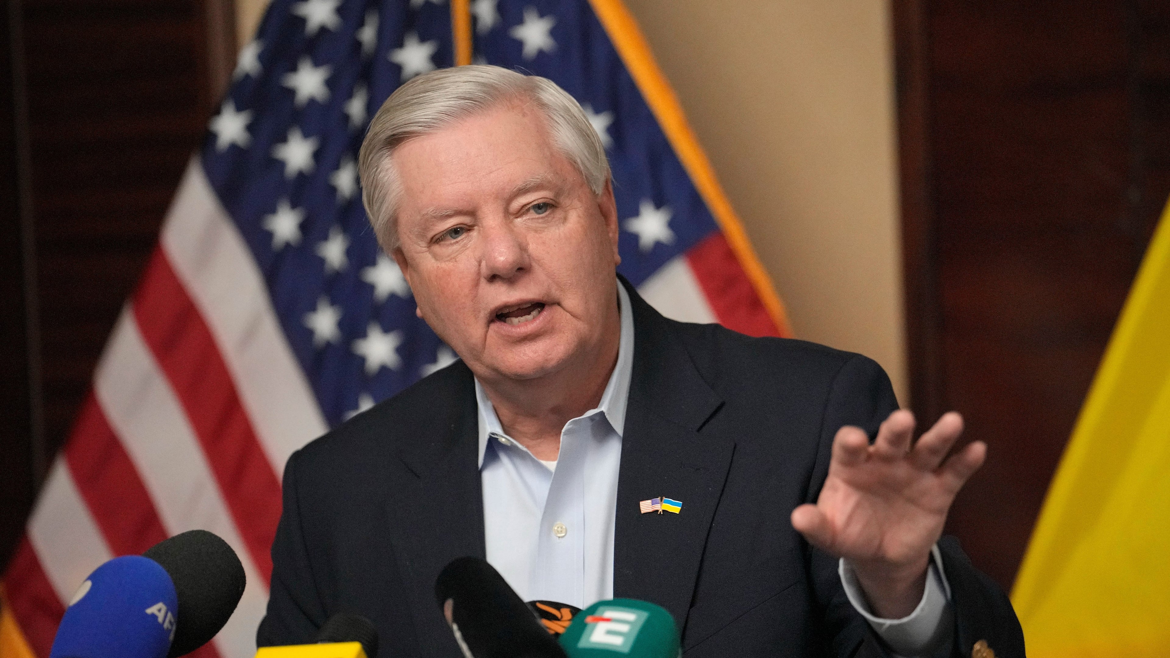 FILE - U.S. Sen. Lindsey Graham, R-S.C., gestures as he speaks to the media in Kyiv, Ukraine, March 18, 2024. (AP Photo/Vadim Ghirda, File)